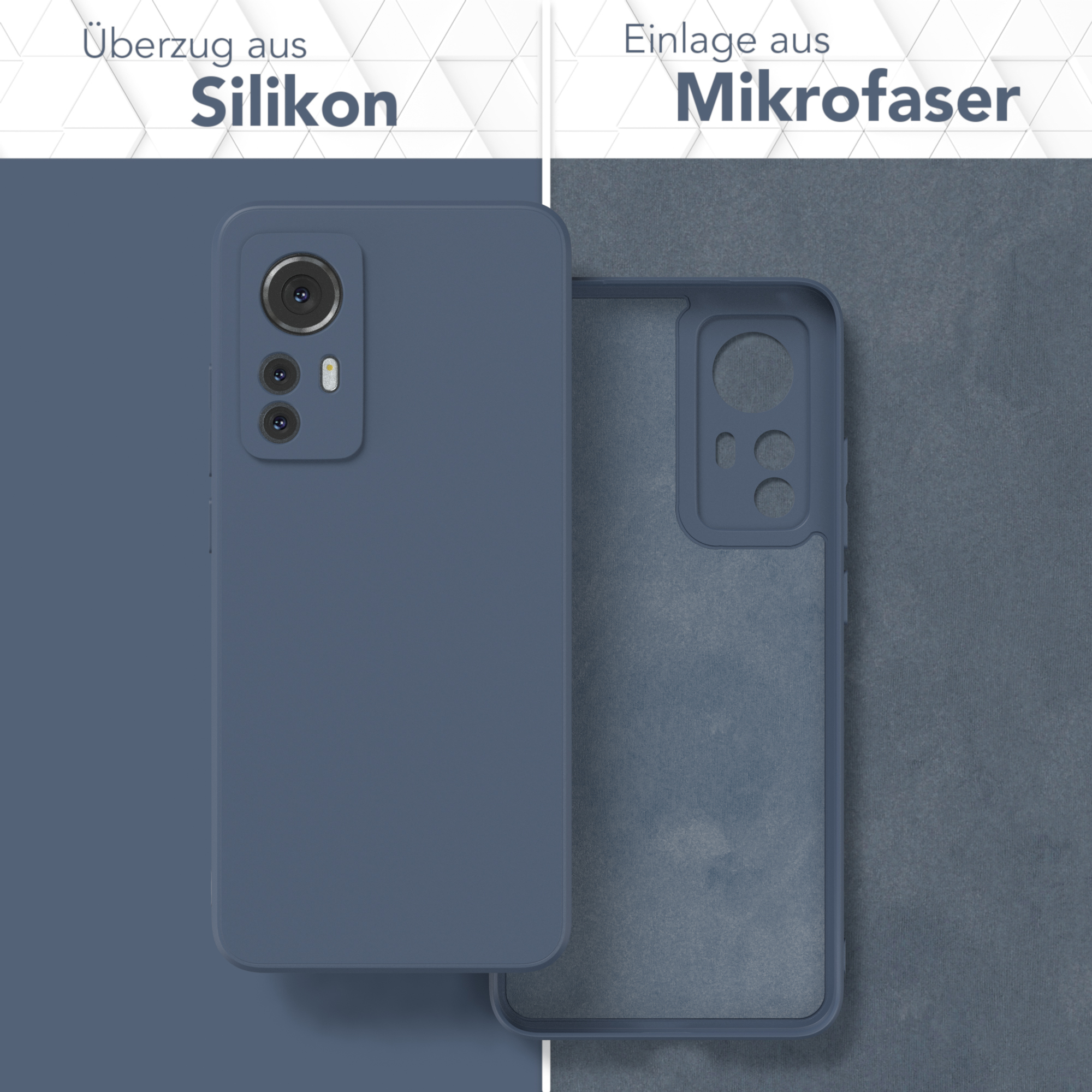 Handyhülle in zwei Teilen; eine blau und eine dunkelblau. Text sagt Silikon und Mikrofaser.