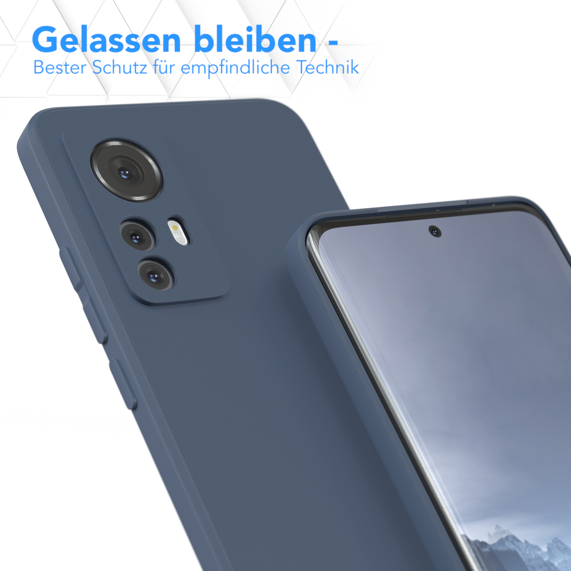 Nahaufnahme eines Telefons in einer blauen Hülle. Der Bildschirm ist sichtbar.