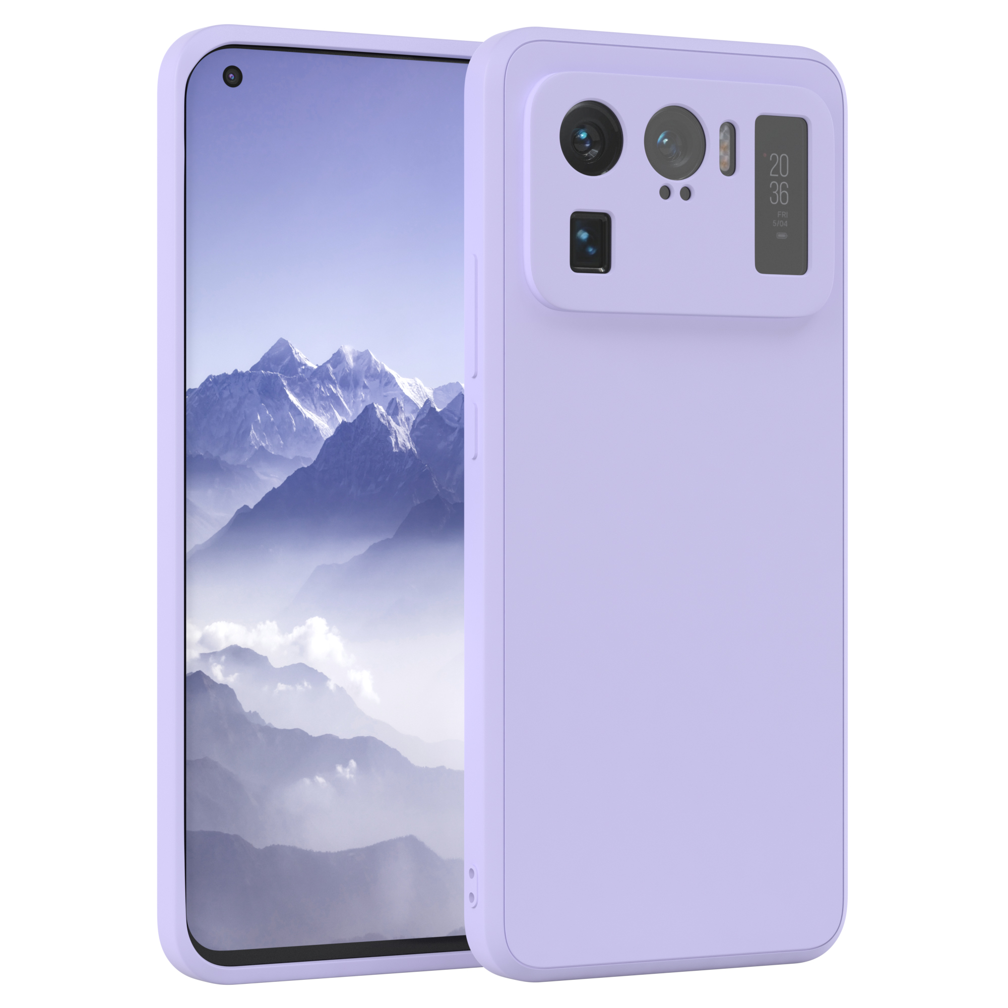 Ein lila Telefon mit lila Hülle, das eine Landschaft zeigt.