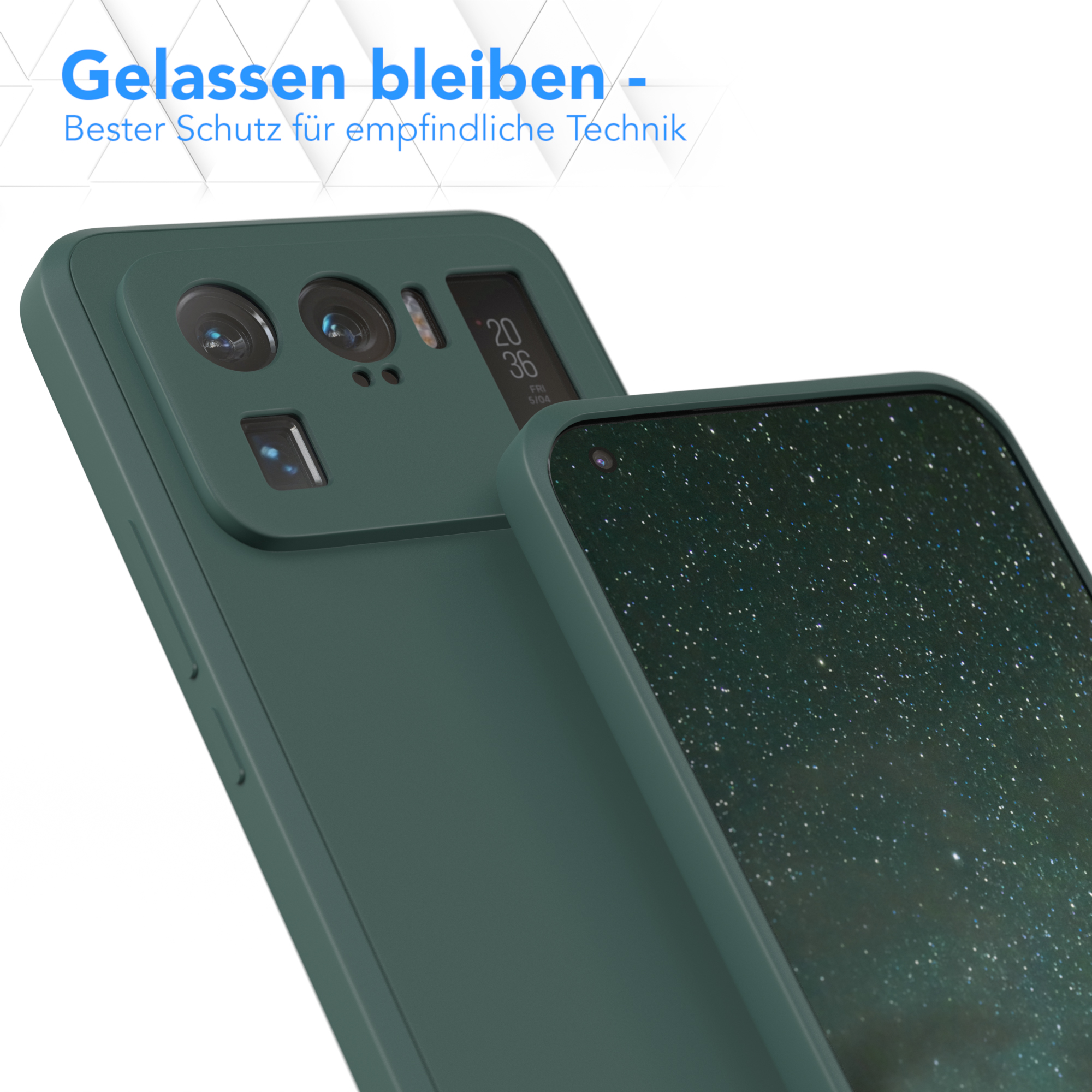 Zwei dunkelgrüne Handyhüllen, eine auf der Rückseite eines Telefons, die andere davor.