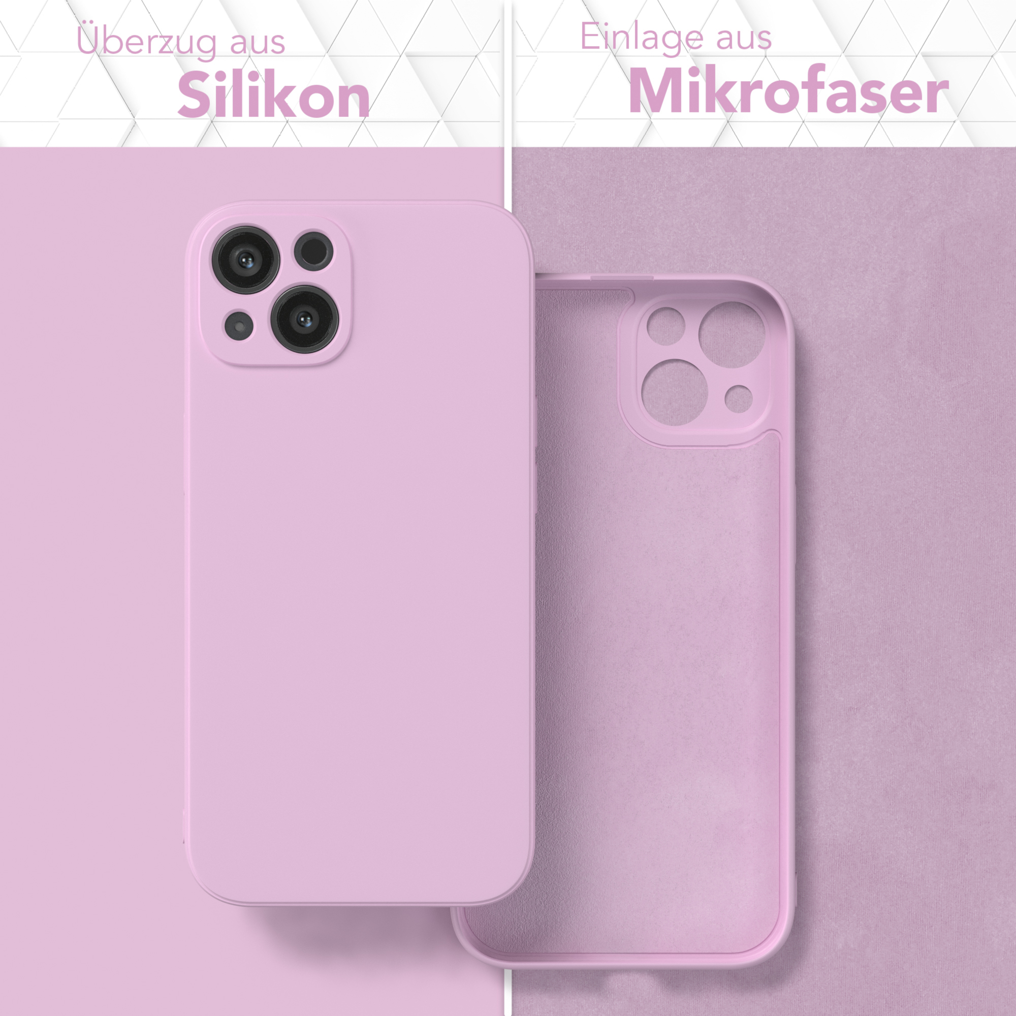 Zwei Handyhüllen, eine auf links gedreht. Rosa Silikon- und Mikrofaser-Materialien werden gezeigt.