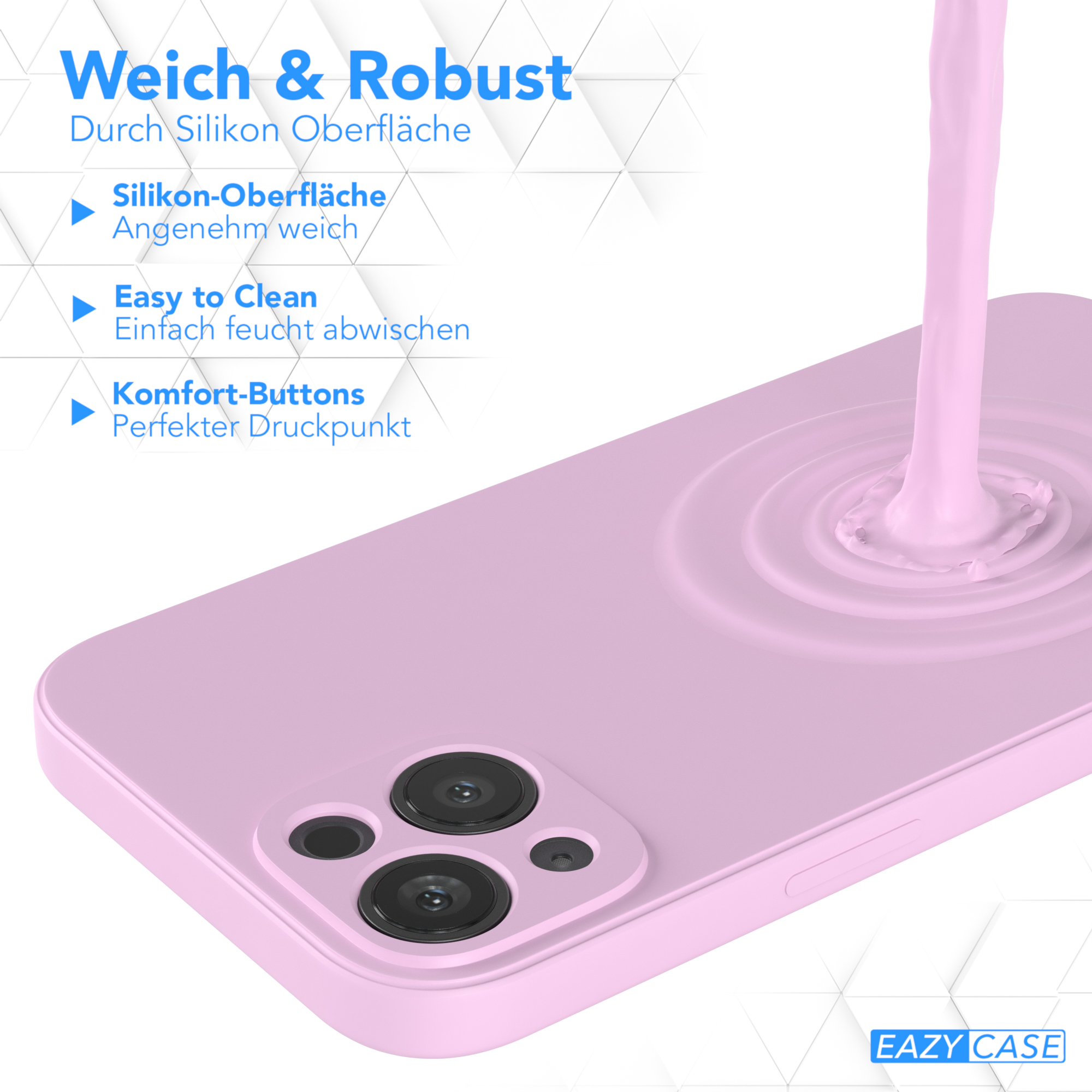 Eine rosa Handyhülle mit einem Telefon darin. Rosa Flüssigkeit wird auf die Hülle gegossen. Der Text lautet 'Eazy Case'.