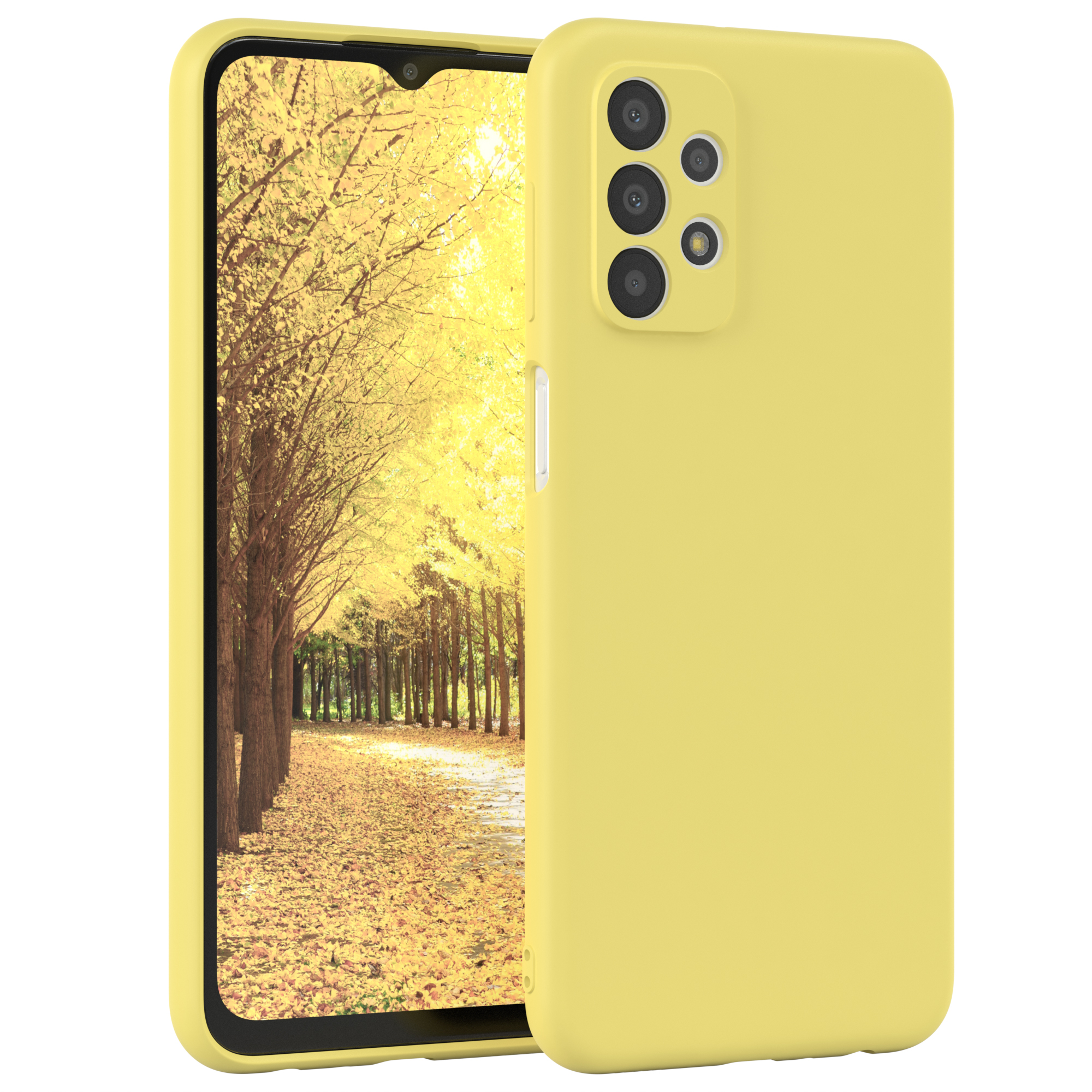 Gelbe Handyhülle mit einem Bildschirm, der einen von Bäumen gesäumten Weg zeigt. Das Telefon hat drei Kameras.