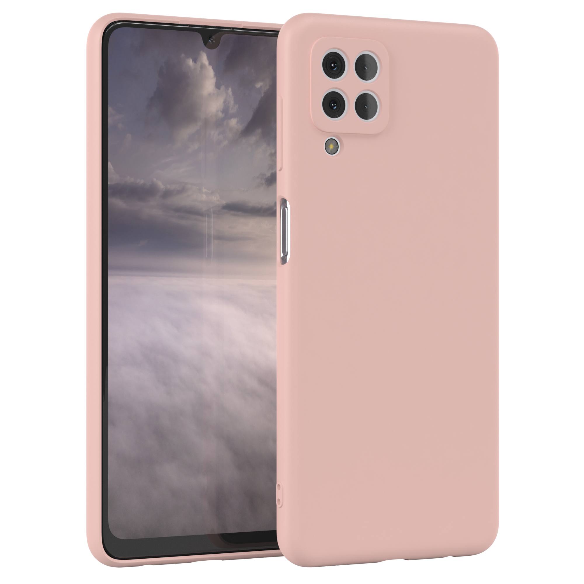 Rosa Handyhülle mit Handy, das einen bewölkten Himmel zeigt. Die Hülle liegt neben dem Handy.