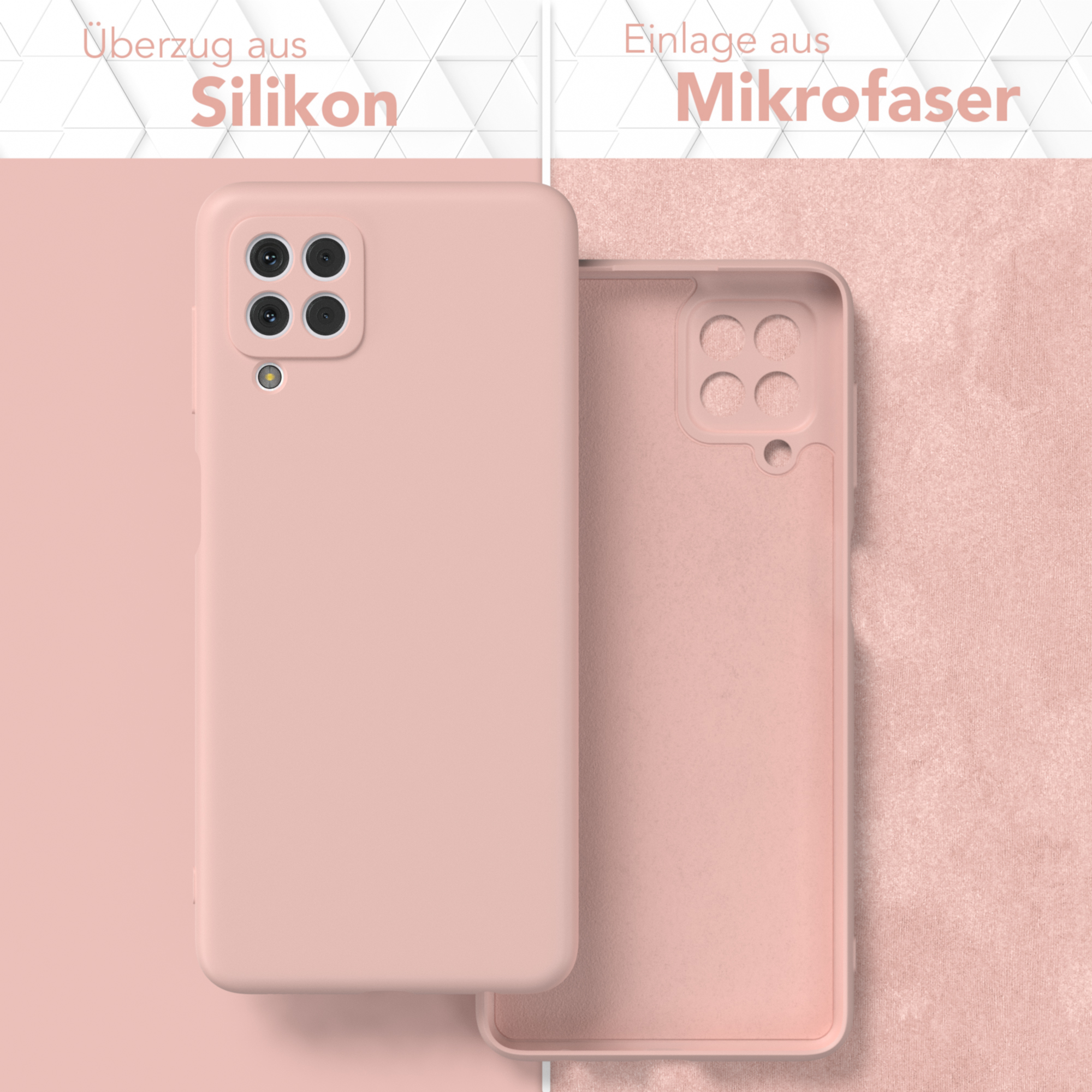 Zwei Handyhüllen, eine offen, innen und außen zeigend. Die Farben sind rosa und der Hintergrund ist rosa.