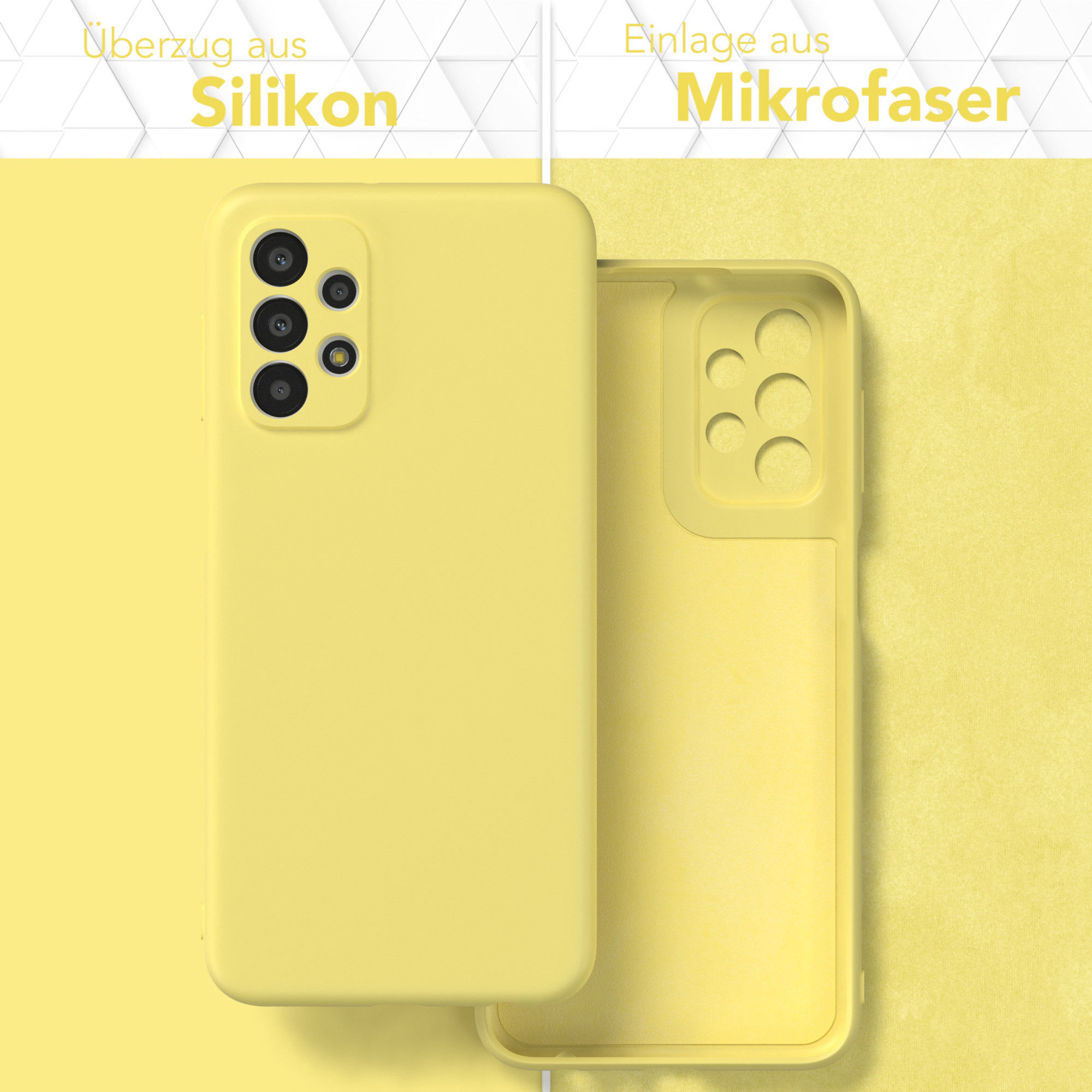Eine gelbe Handyhülle, Innen- und Außenansicht, aus Silikon und Mikrofaser.