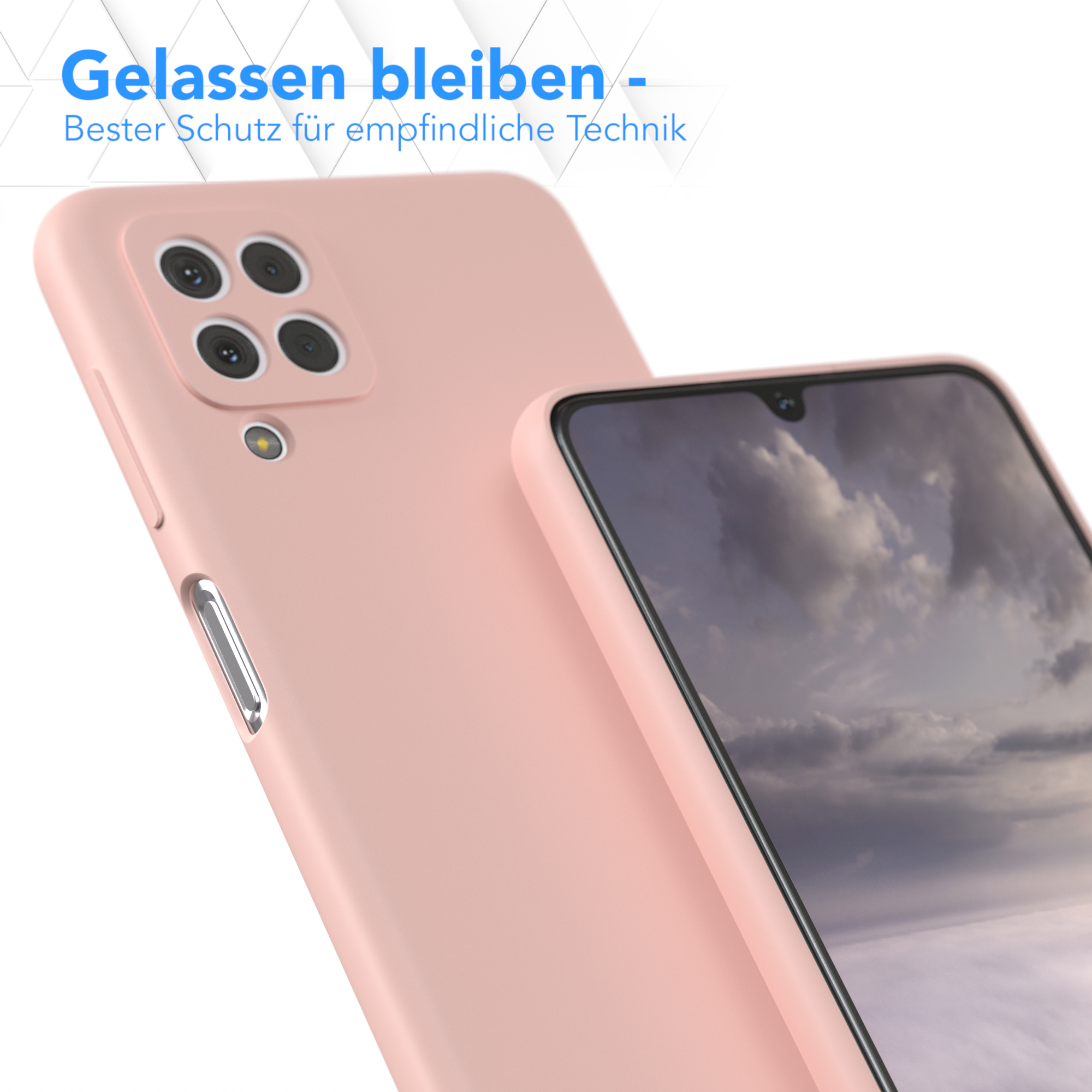 Zwei rosa Handyhüllen, eine mit Telefon. Deutscher Text. Weißer Hintergrund.