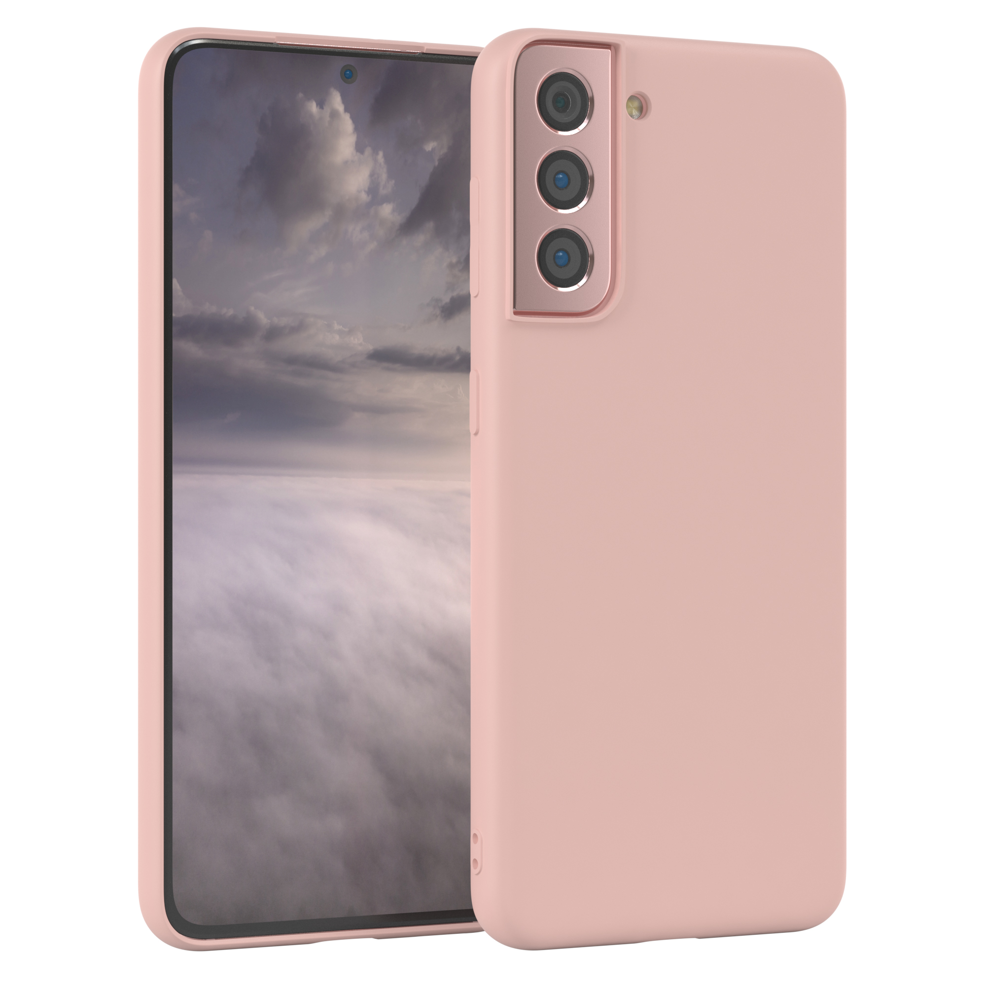 Rosa Handyhülle mit Telefon. Das Telefon zeigt eine weiße, neblige Szene.
