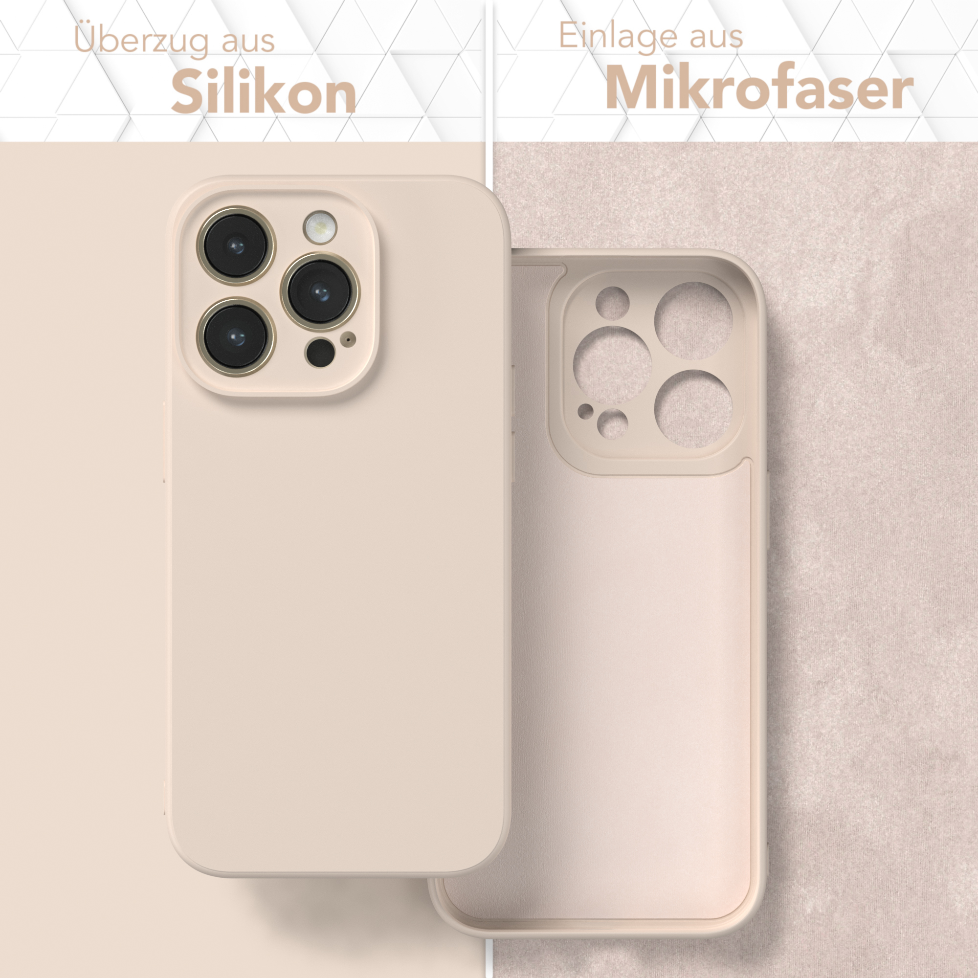 Zwei Handyhüllen, eine beige und eine offen, die einen beigen Innenraum zeigen. Texte oben sagen 'Überzug aus Silikon'.