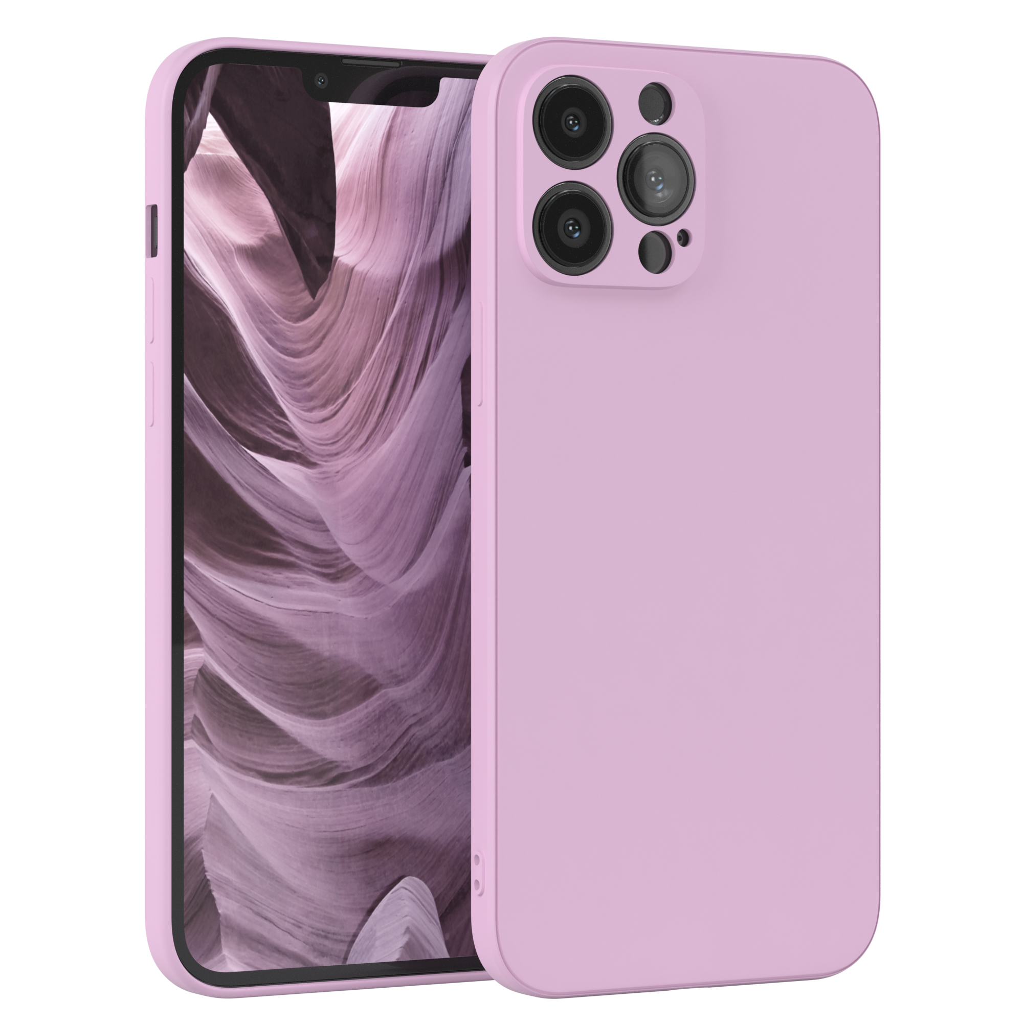 Ein hellrosa Telefon in einer Hülle mit einem Canyon-Bild auf dem Bildschirm.