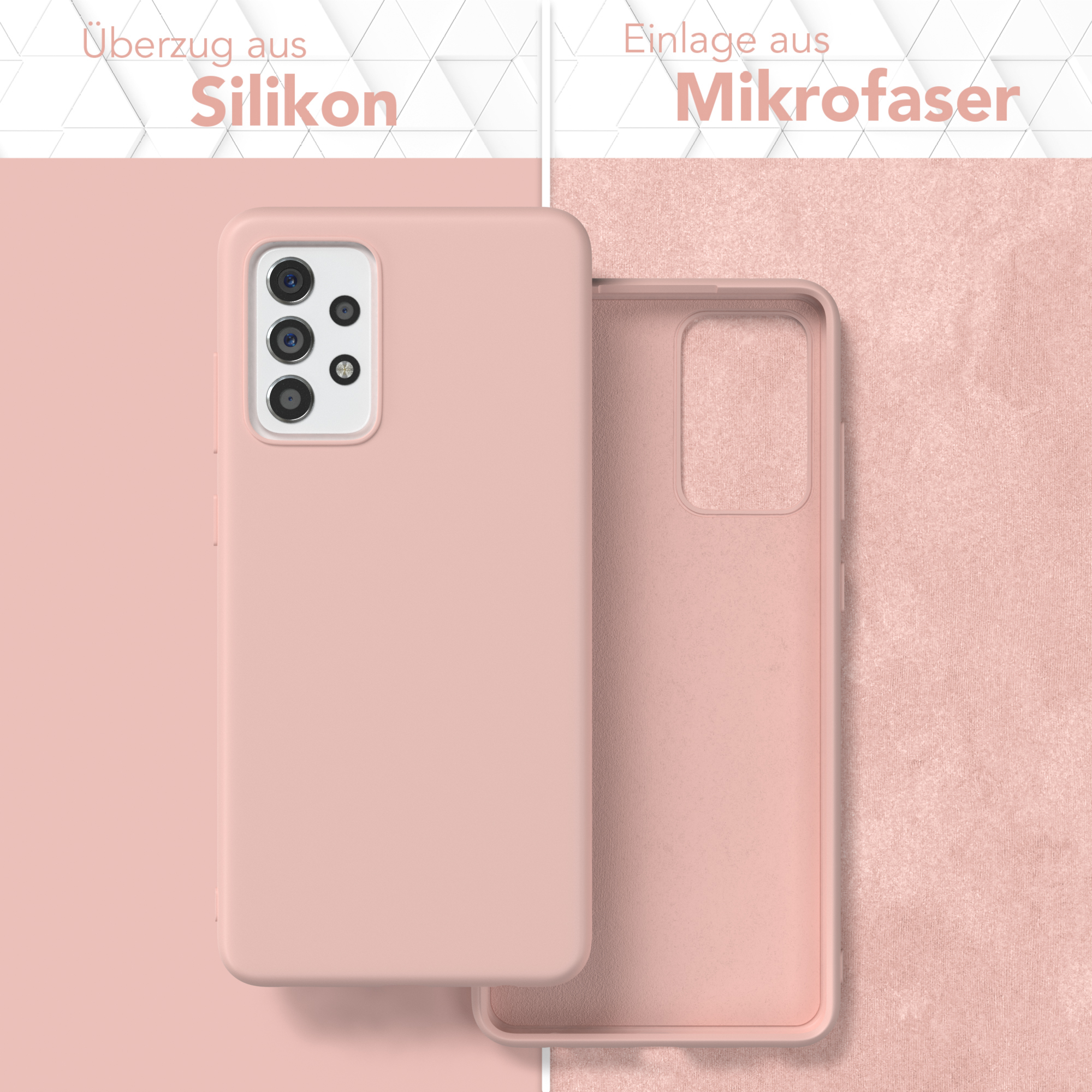 Handyhülle, links rosa Silikon, rechts rosa Mikrofaser. Text sagt Silikon und Mikrofaser.