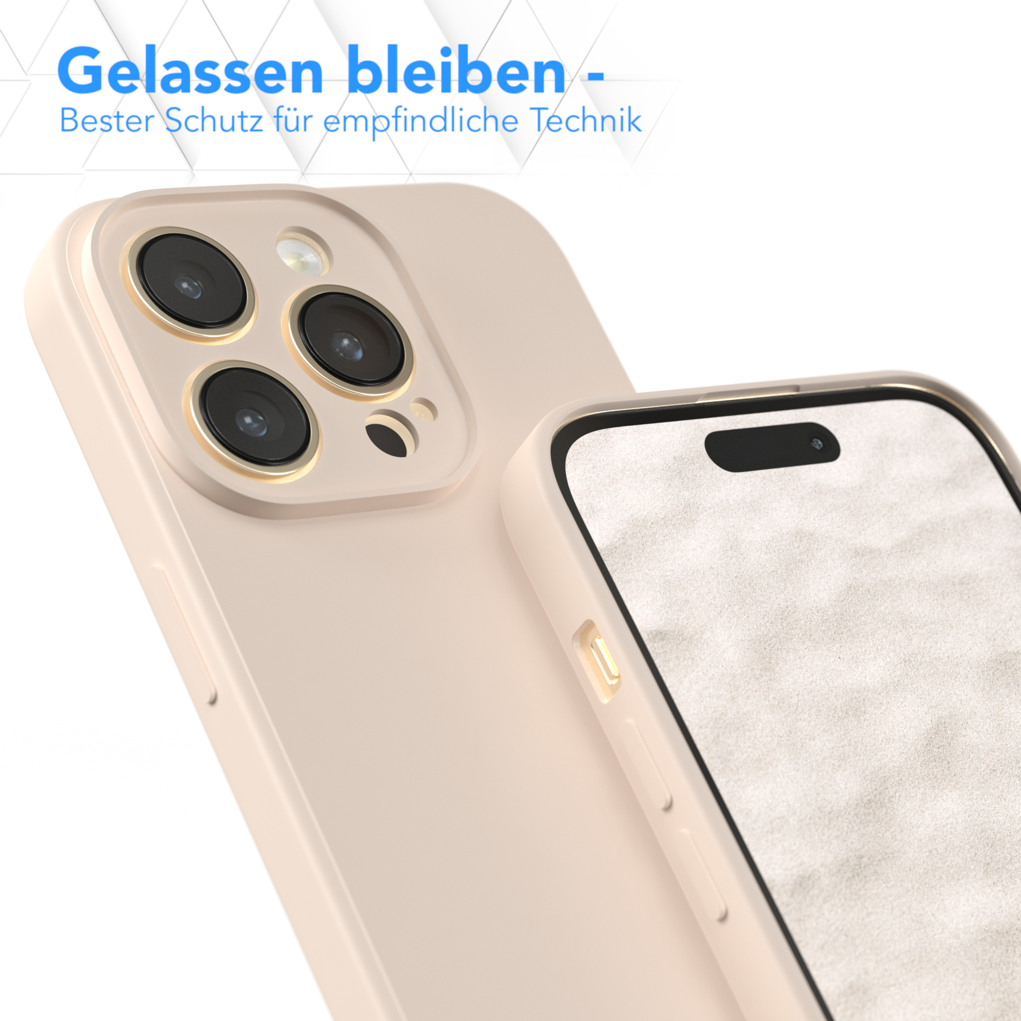Beige Handyhülle mit Gerät. Text: Gelassen bleiben - Bester Schutz für empfindliche Technik.