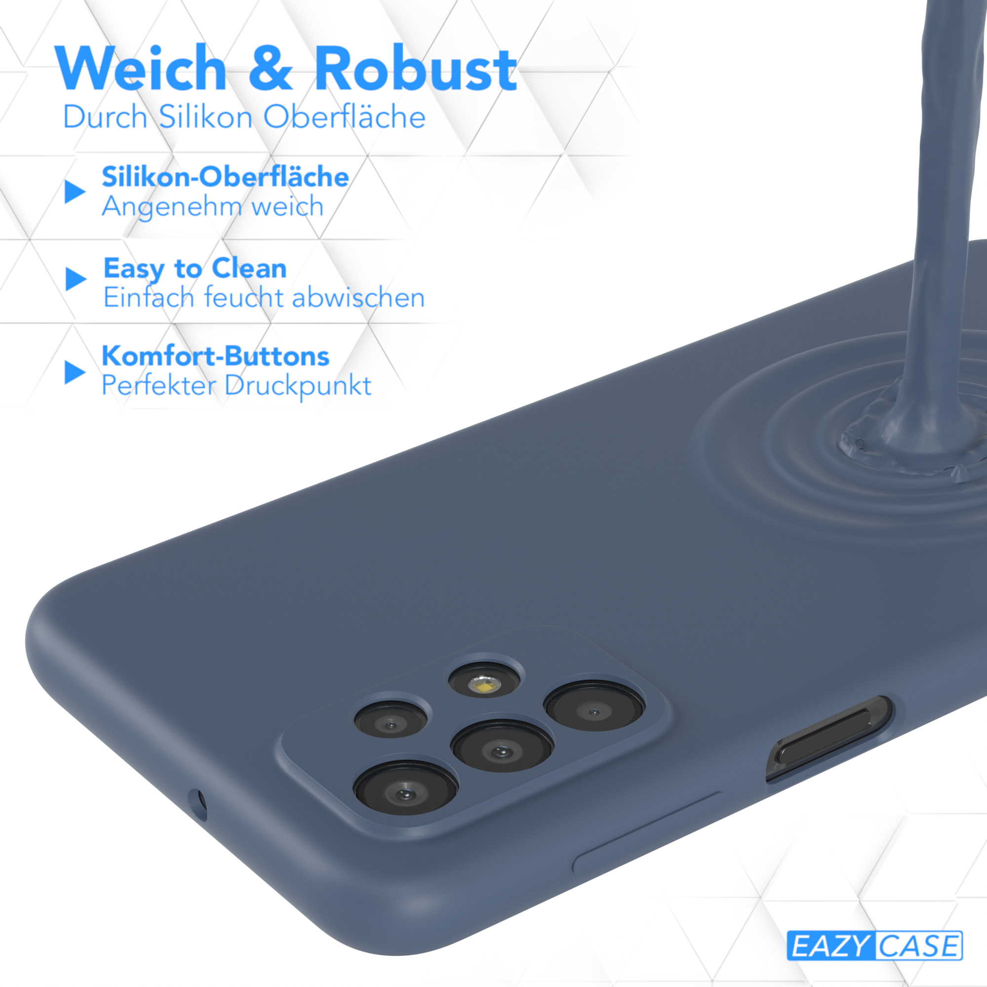 Eine blaue Handyhülle mit Wellendesign, auf die etwas getropft wird.