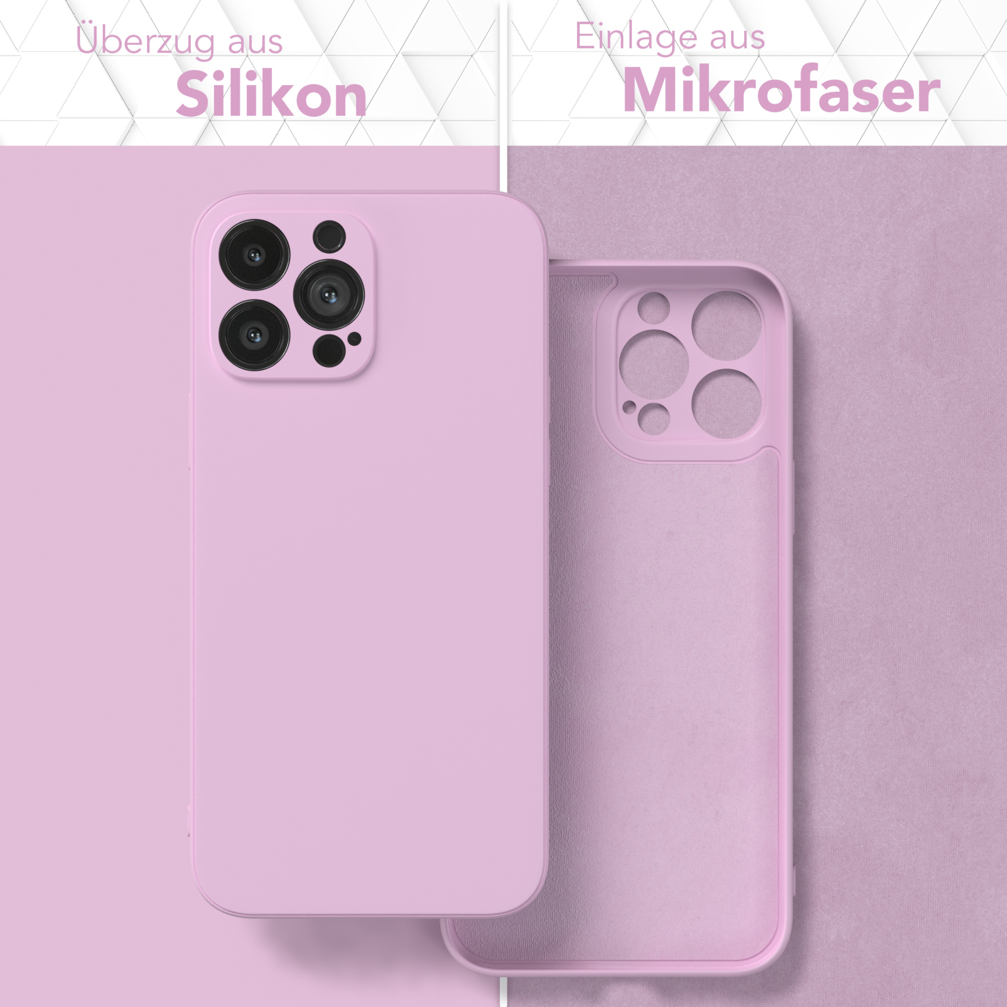 Eine pinkfarbene Handyhülle mit Silikonaußenseite und Mikrofaser-Innenseite. Die Hülle ist offen und liegt auf pinkfarbenem Untergrund.