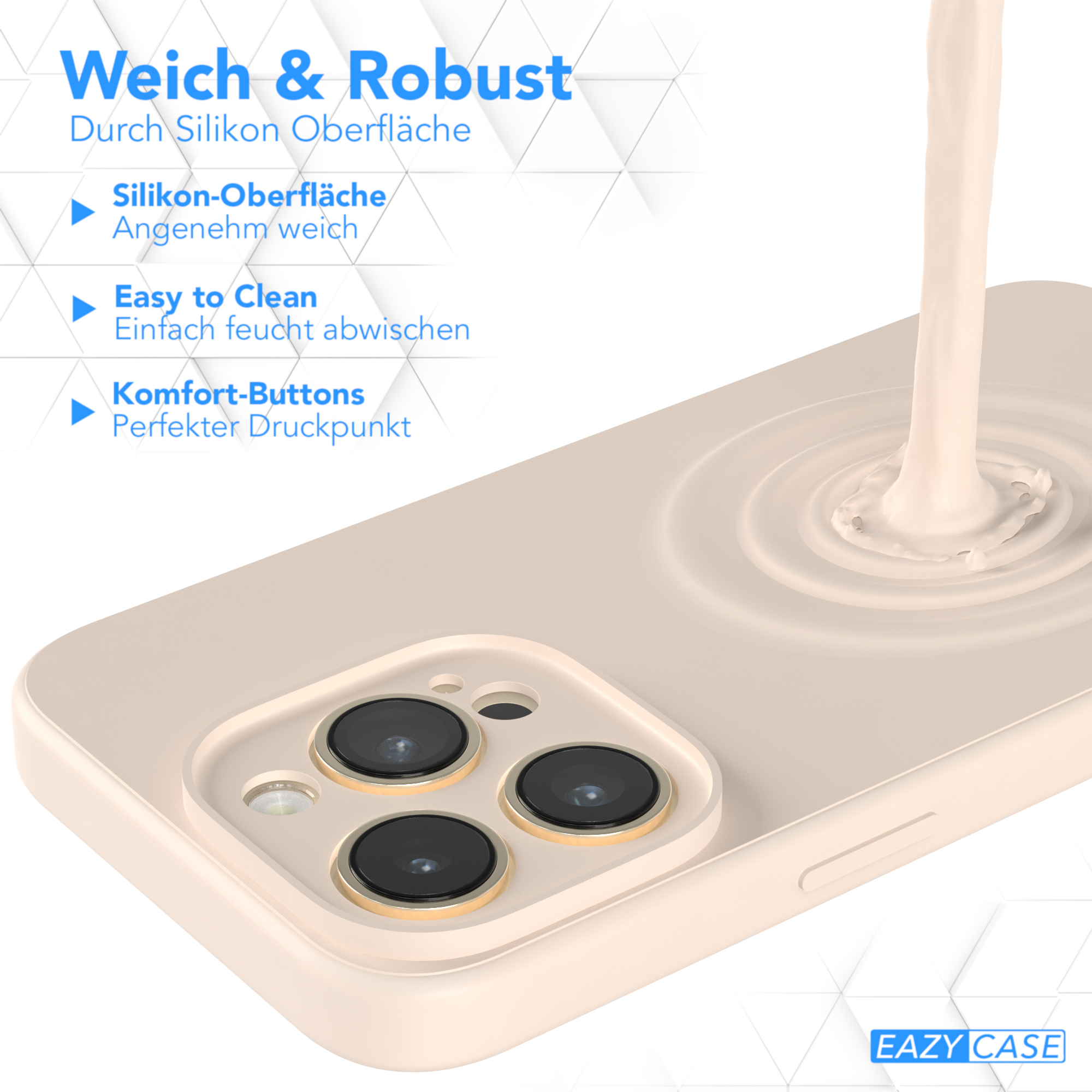 Beige Handyhülle mit cremefarbenem Fluss. Text: Weich & Robust, Silikonoberfläche, leicht zu reinigen, Komforttasten.