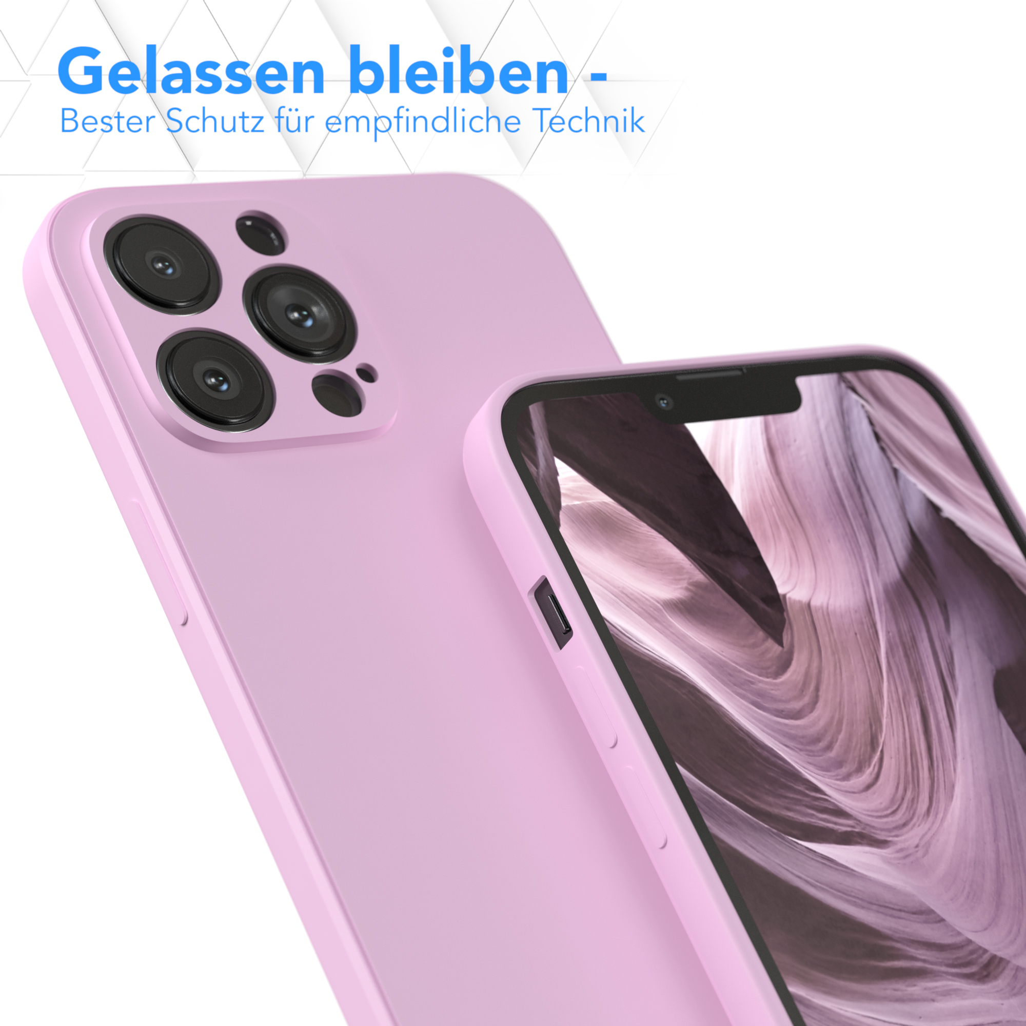 Smartphone in pinker Hülle und eine weitere pinke Hülle. Text: Gelassen bleiben. Der Hintergrund ist unscharf.