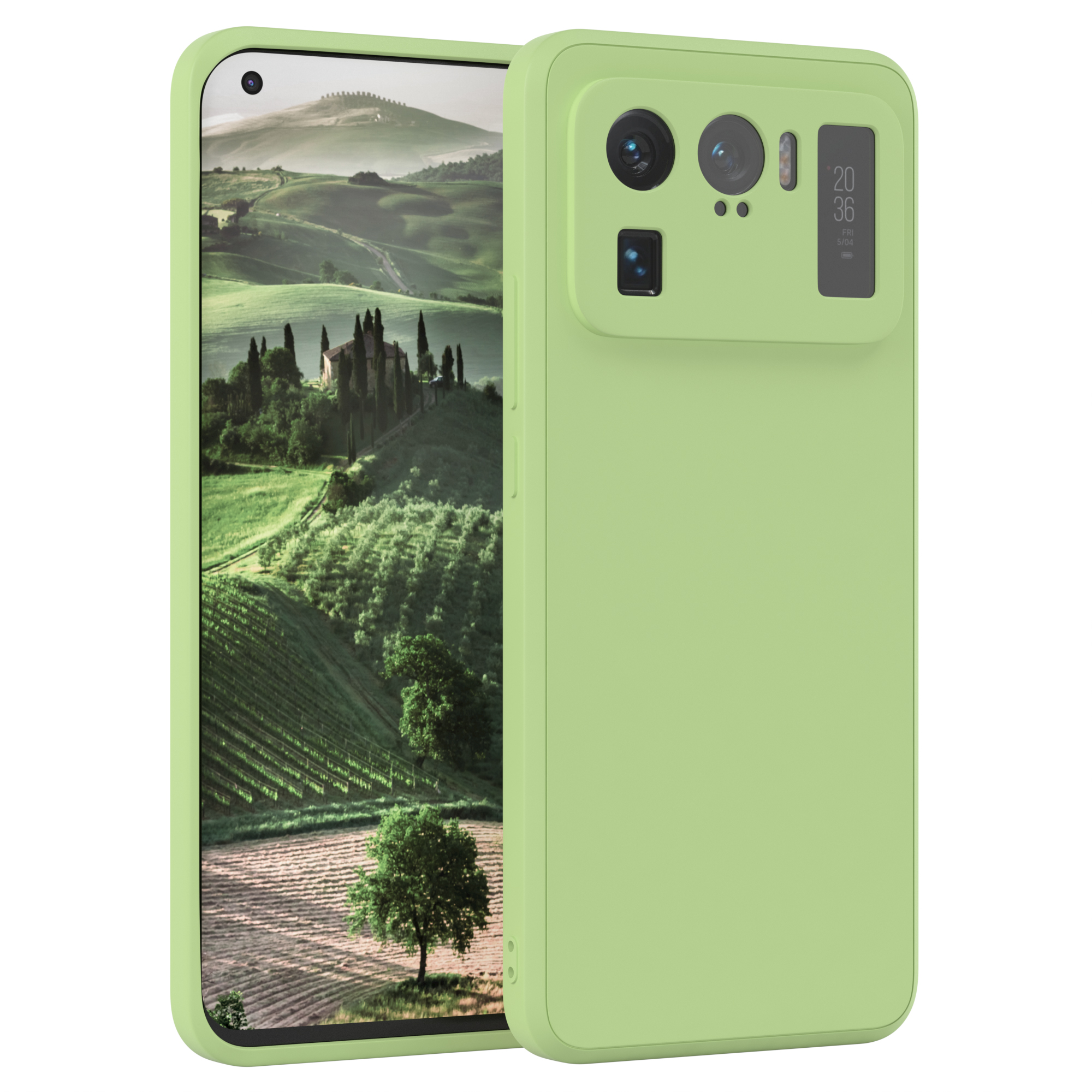 Grüne Handyhülle mit einem Telefon, das eine Landschaft zeigt. Weißer Hintergrund.