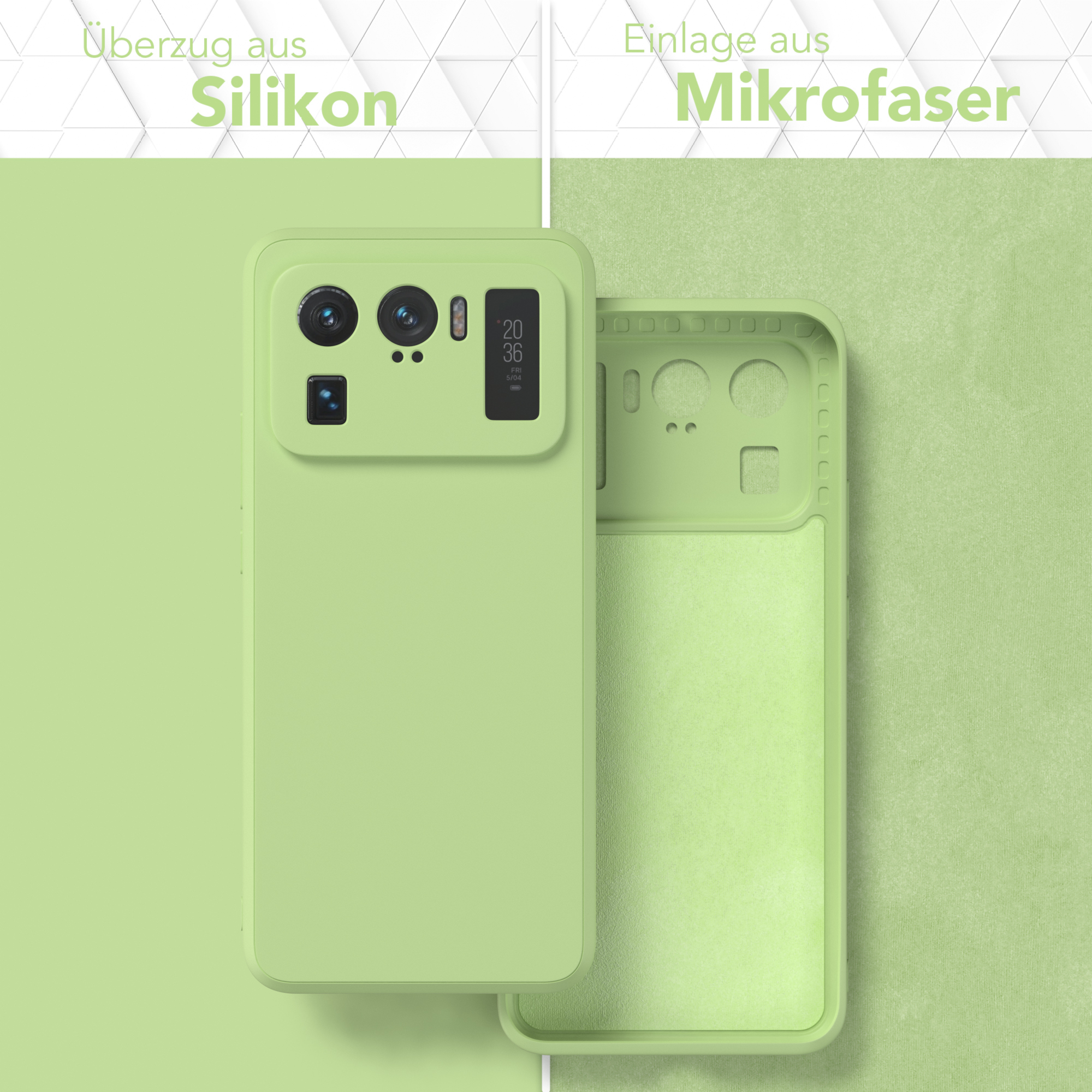 Eine grüne Handyhülle mit Mikrofaser-Innenseite, die das Silikon-Äußere zeigt.