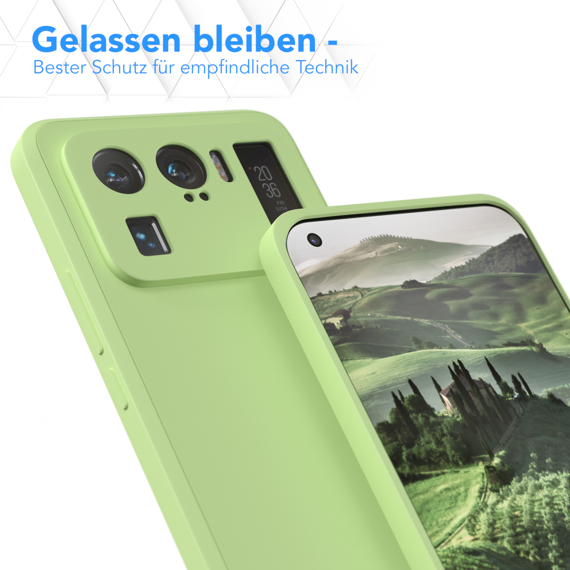 Grüne Handyhülle, Telefon innen. Text sagt „Gelassen bleiben - Bester Schutz für empfindliche Technik“