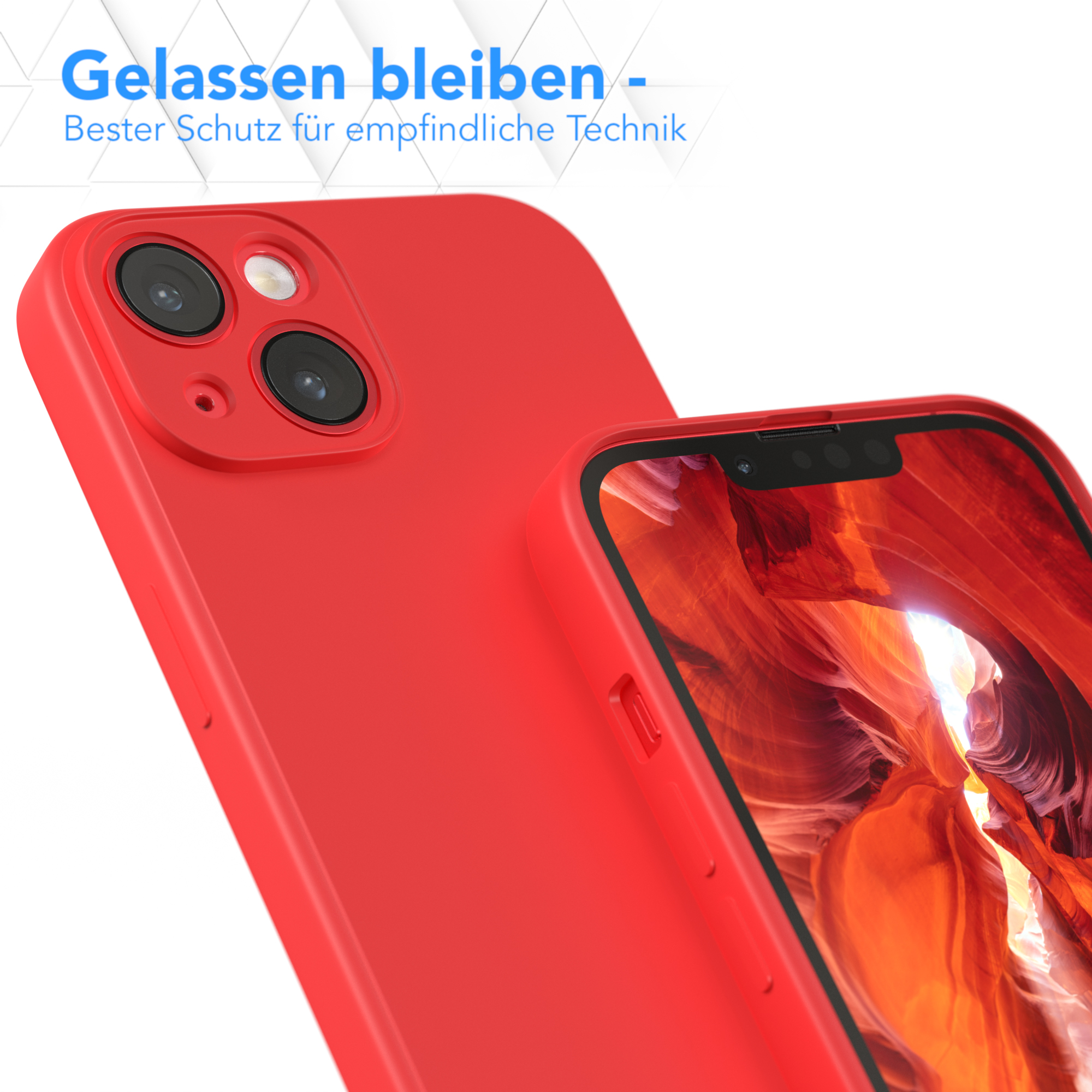 Nahaufnahme von zwei roten Handyhüllen. Die hintere Hülle hat Kameraausschnitte.