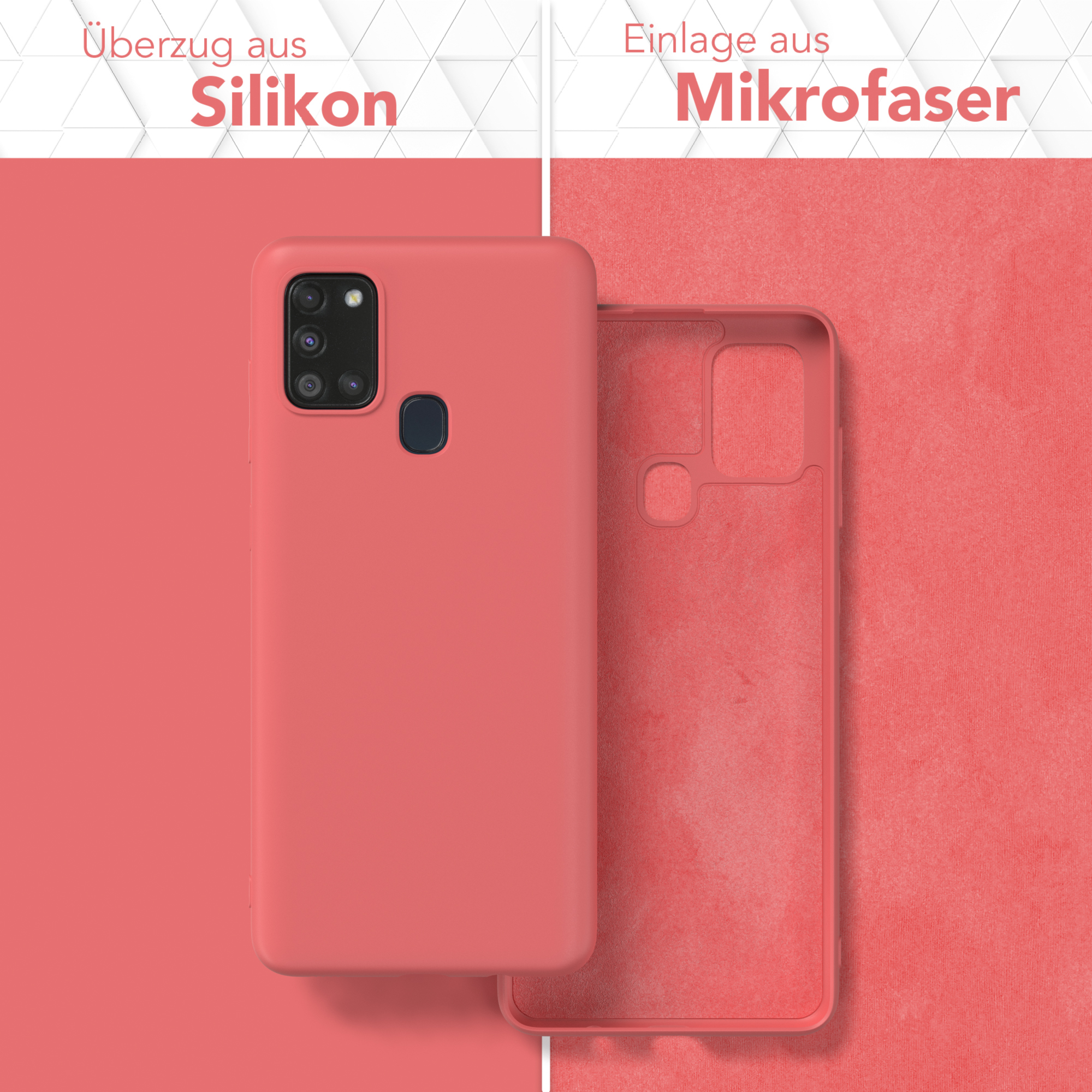 Eine rote Handyhülle und ihr Mikrofaser-Innenraum. Deutscher Text gibt Material an.