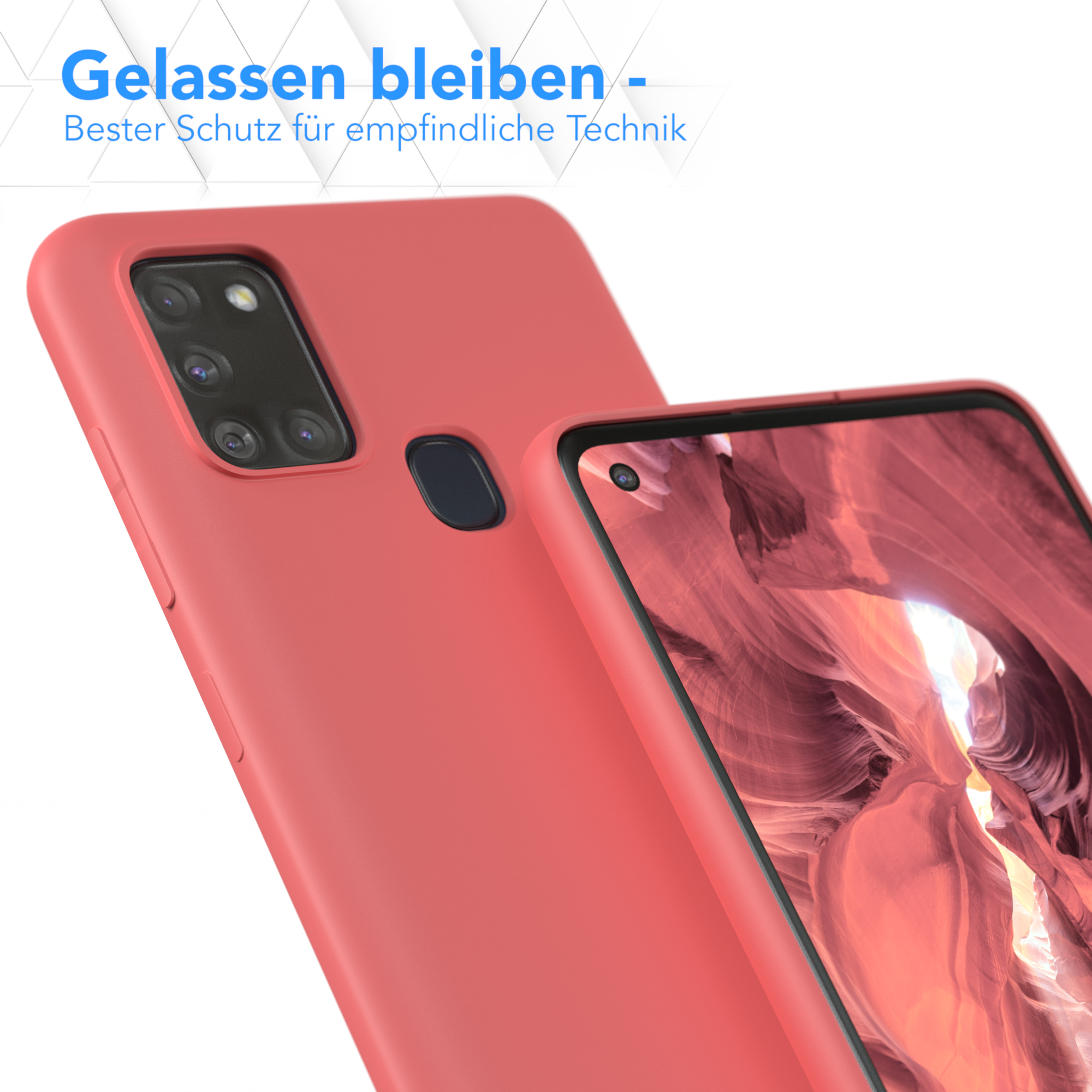 Nahaufnahme einer roten Handyhülle und eines Telefons, mit deutschem Text zum Schutz.