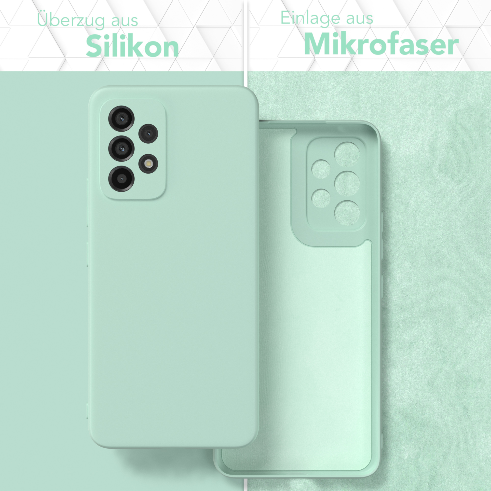 Eine mintgrüne Handyhülle, geöffnet, um ein Mikrofaser-Innenfutter zu zeigen. Auf mintfarbenem Hintergrund.