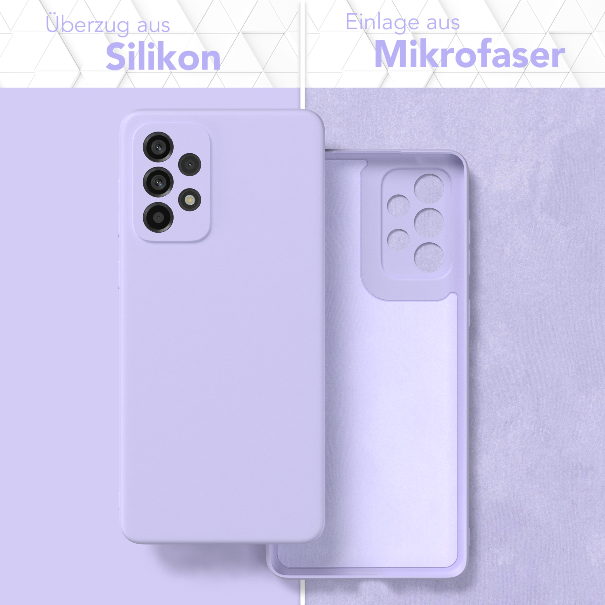 Zwei Telefone, eines mit Hülle. Eine lila Handyhülle mit Telefon. Text beschreibt die Hülle.
