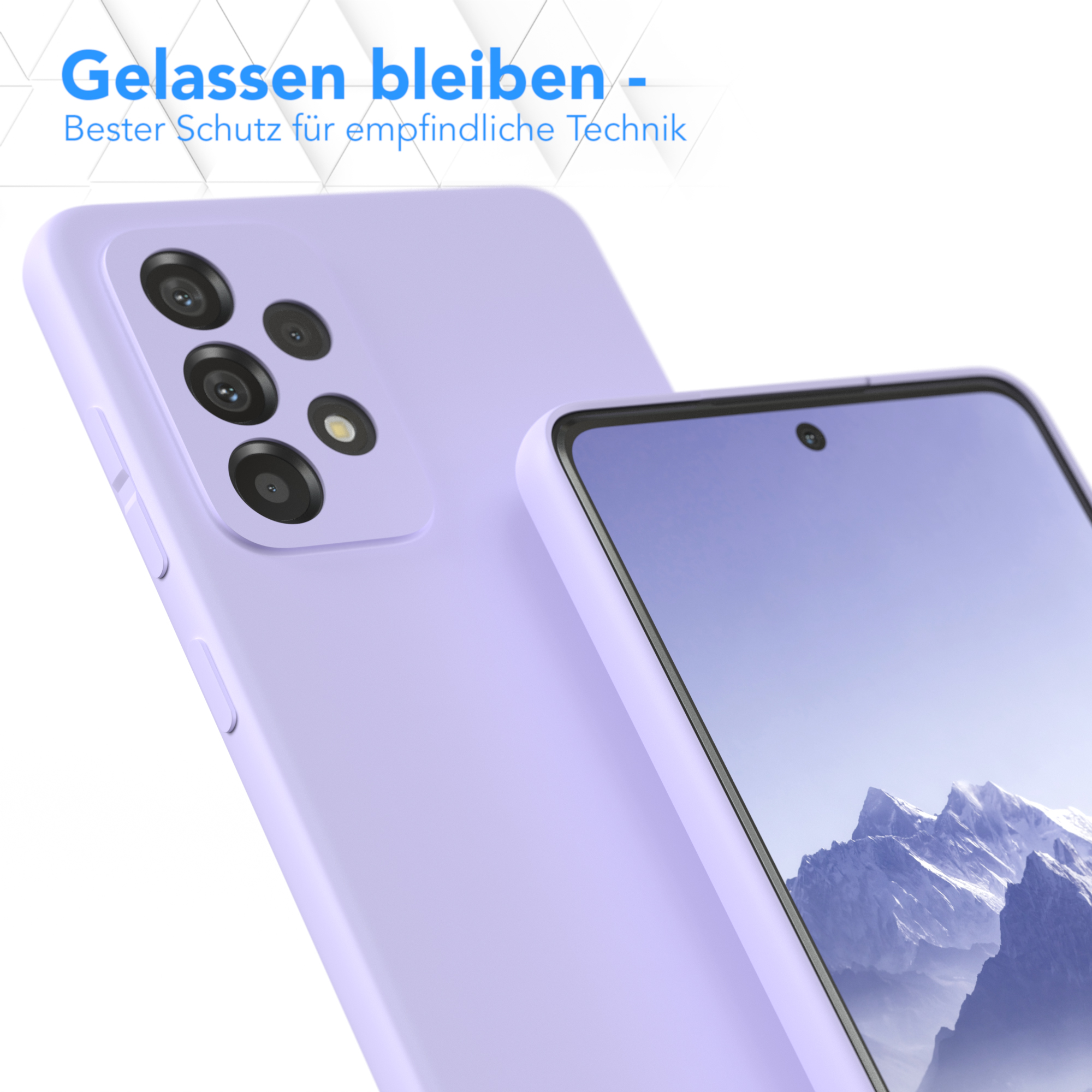 Lila Handycase neben einem Telefon. Text auf Deutsch. Mit Kameraausschnitt.