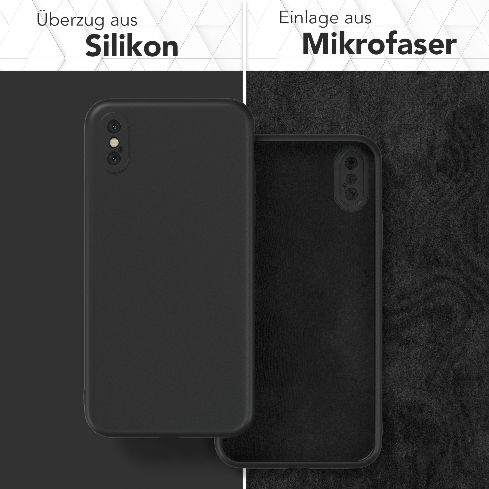 Zwei Handyhüllen: eine schwarze Silikon- und eine schwarze Mikrofaserhülle. Die Mikrofaserhülle innen.