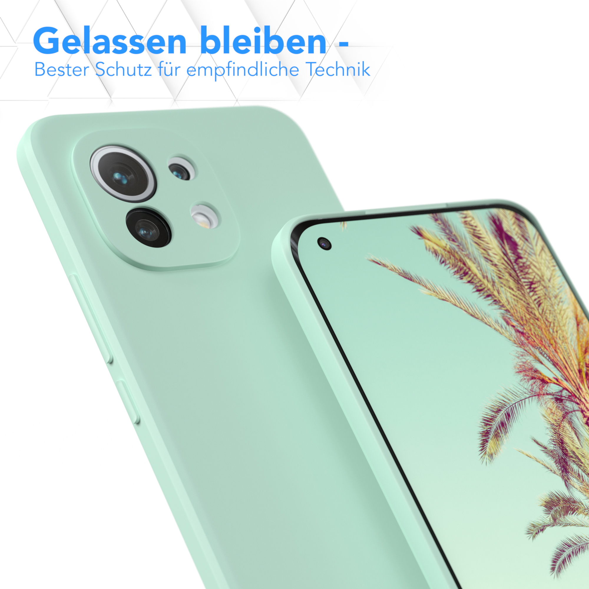 Minzgrüne Handyhülle mit einem sichtbaren Telefon. Eine weitere Handyhülle im Hintergrund.