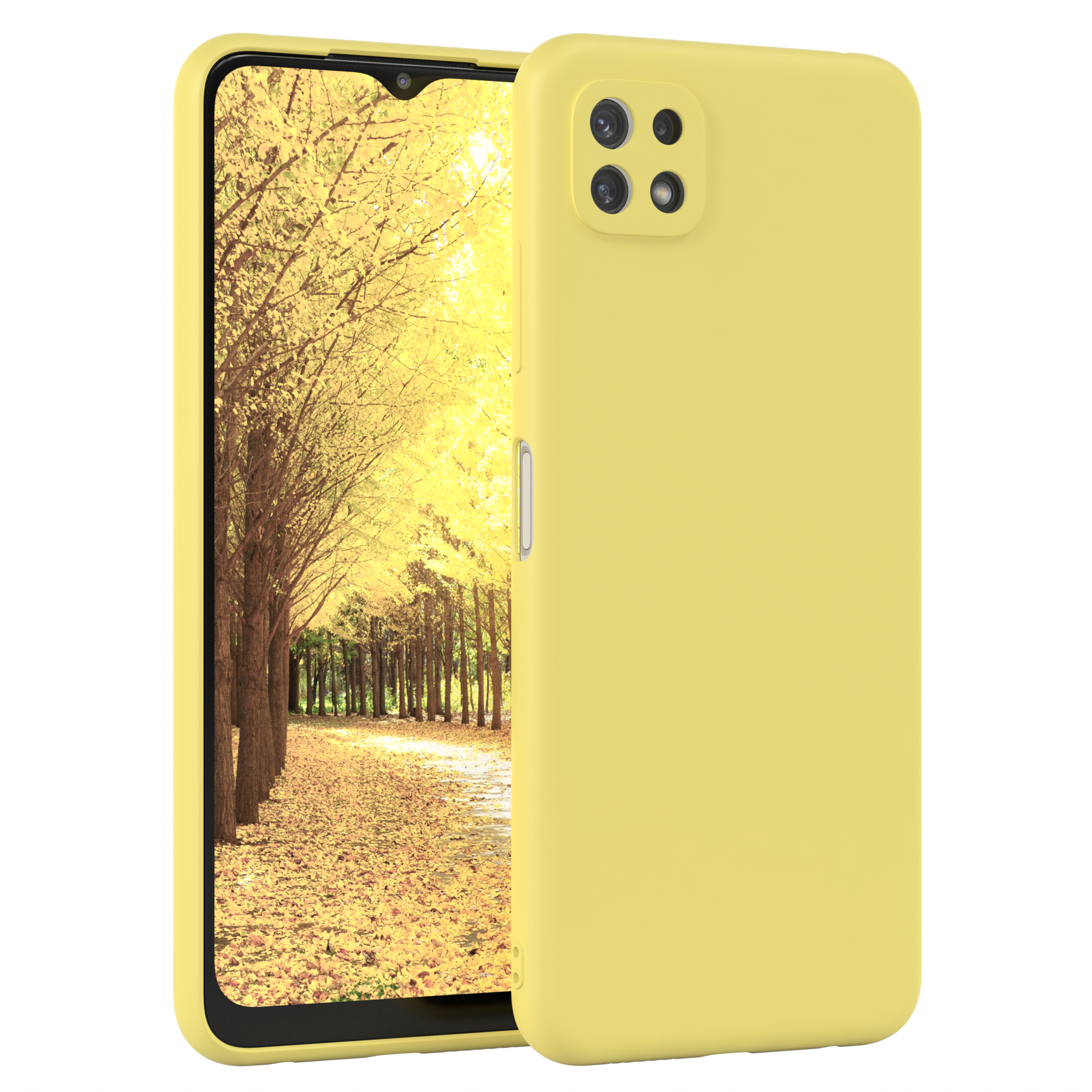 Gelbes Telefon mit gelber Hülle. Bildschirm zeigt Herbstlaub-Szene.
