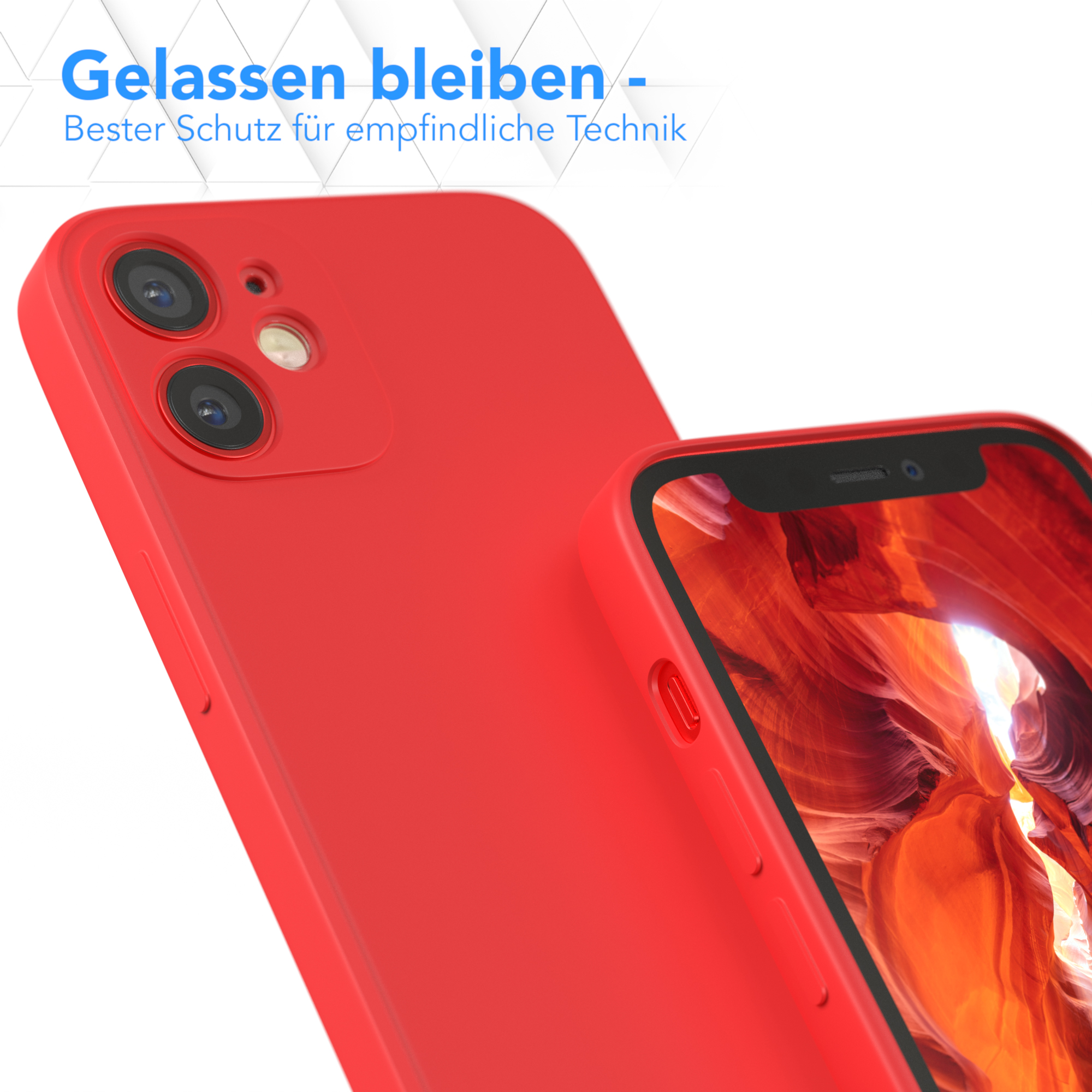 Rote Handyhülle mit Telefon darin. Fokus auf Hülle und Telefon.