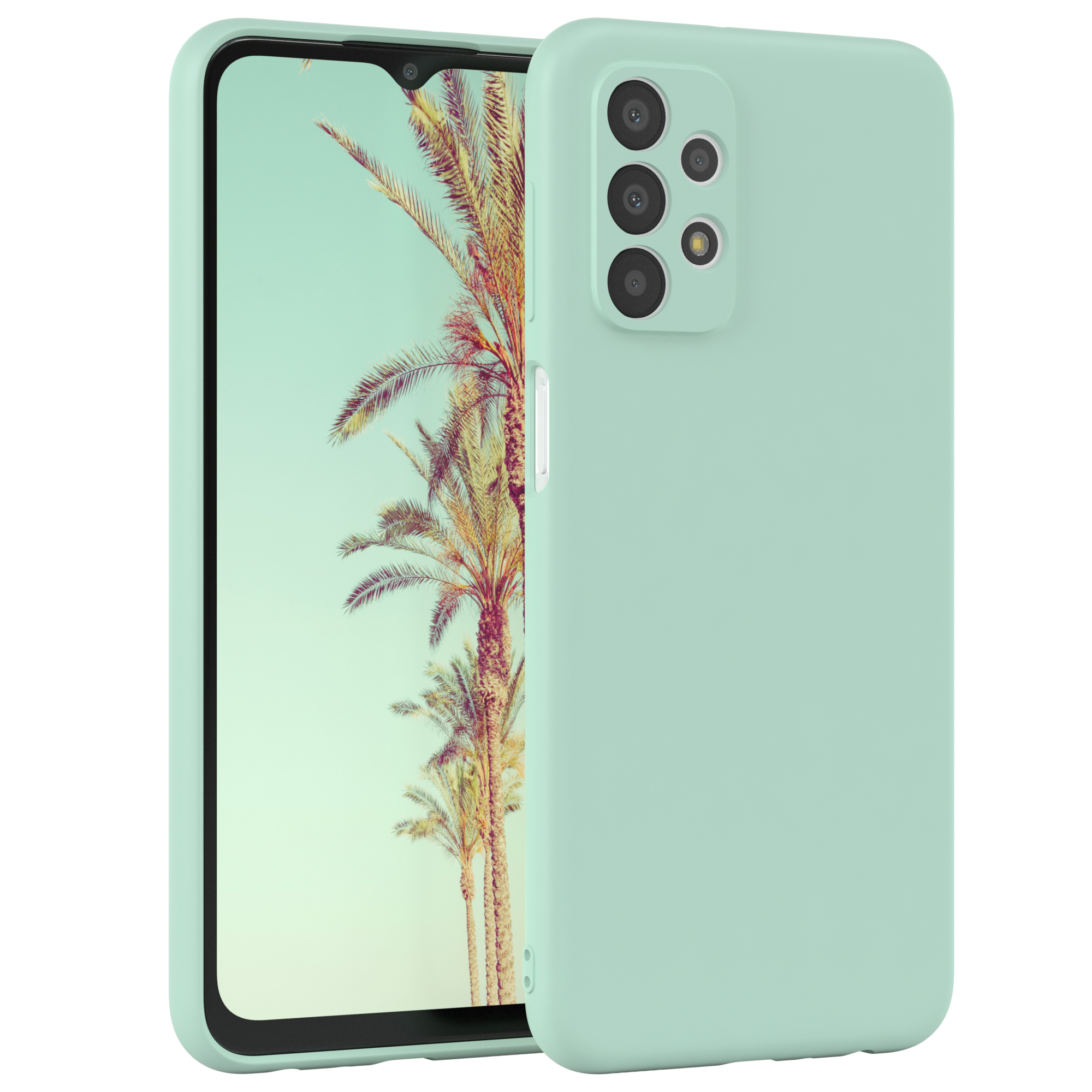 Mintgrüne Handyhülle mit Telefon. Das Telefon zeigt eine Strandszene.