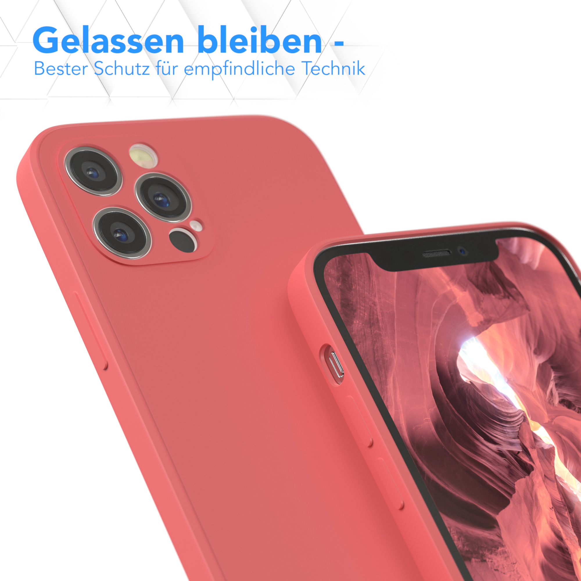 Eine rote Handyhülle mit Telefon. Weißer Hintergrund und Text sichtbar.