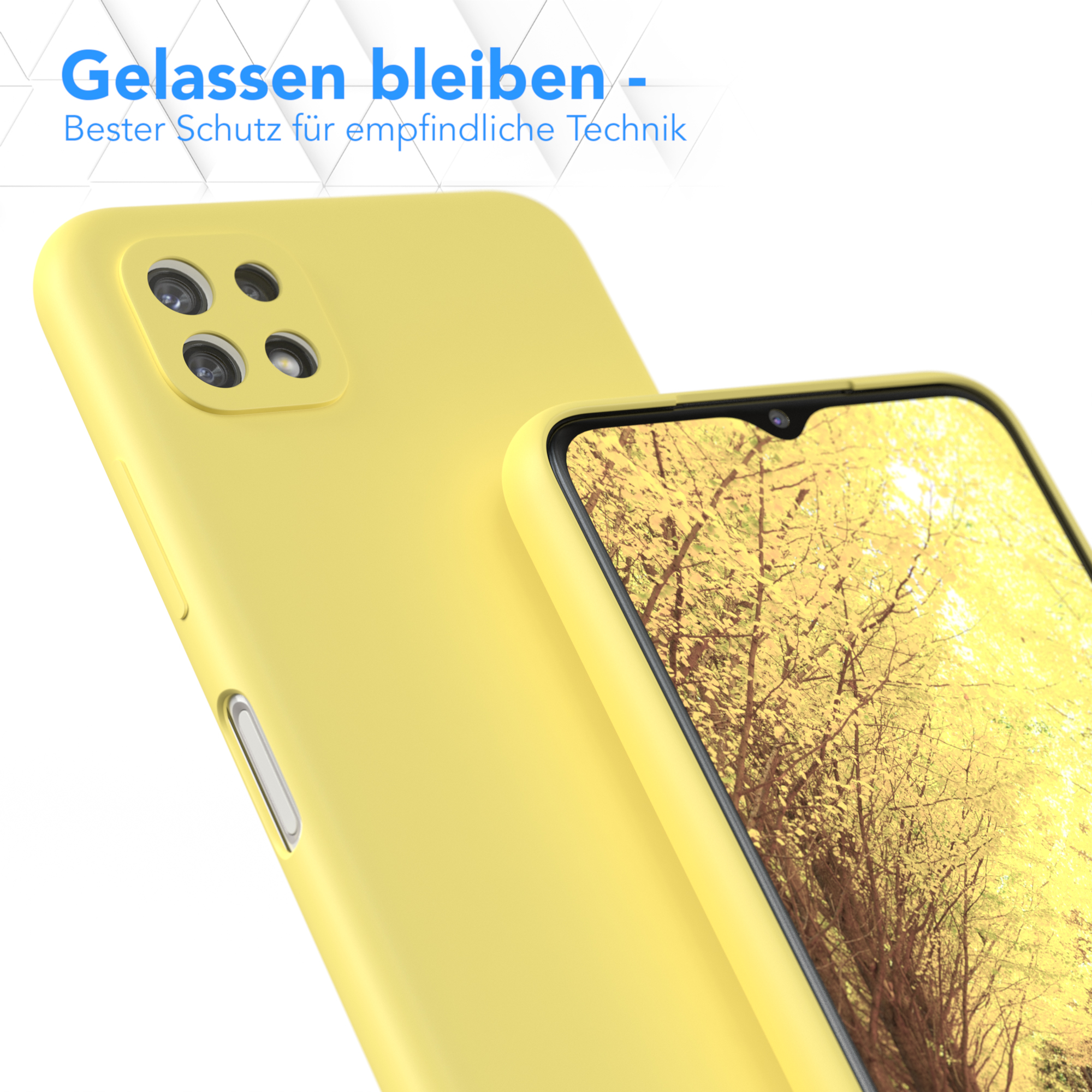 Gelbe Handyhülle mit sichtbarem Telefonbildschirm, abgewinkelt, mit hellgelbem Hintergrund. Beschattet.