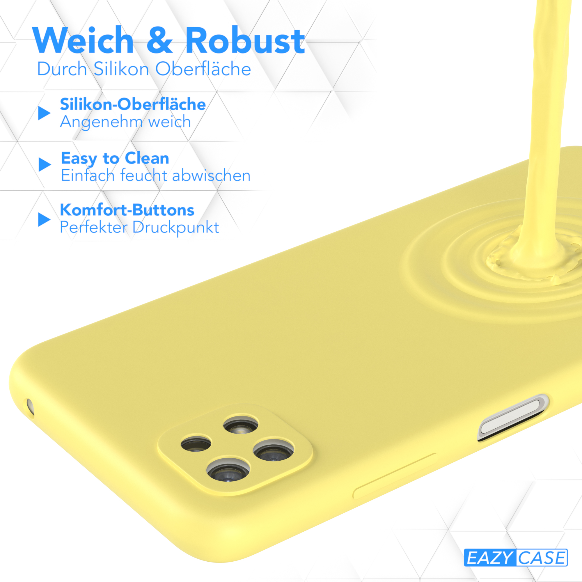 Telefonhülle, auf die Flüssigkeit gegossen wird. Text: Weich & Robust, Silikonoberfläche.