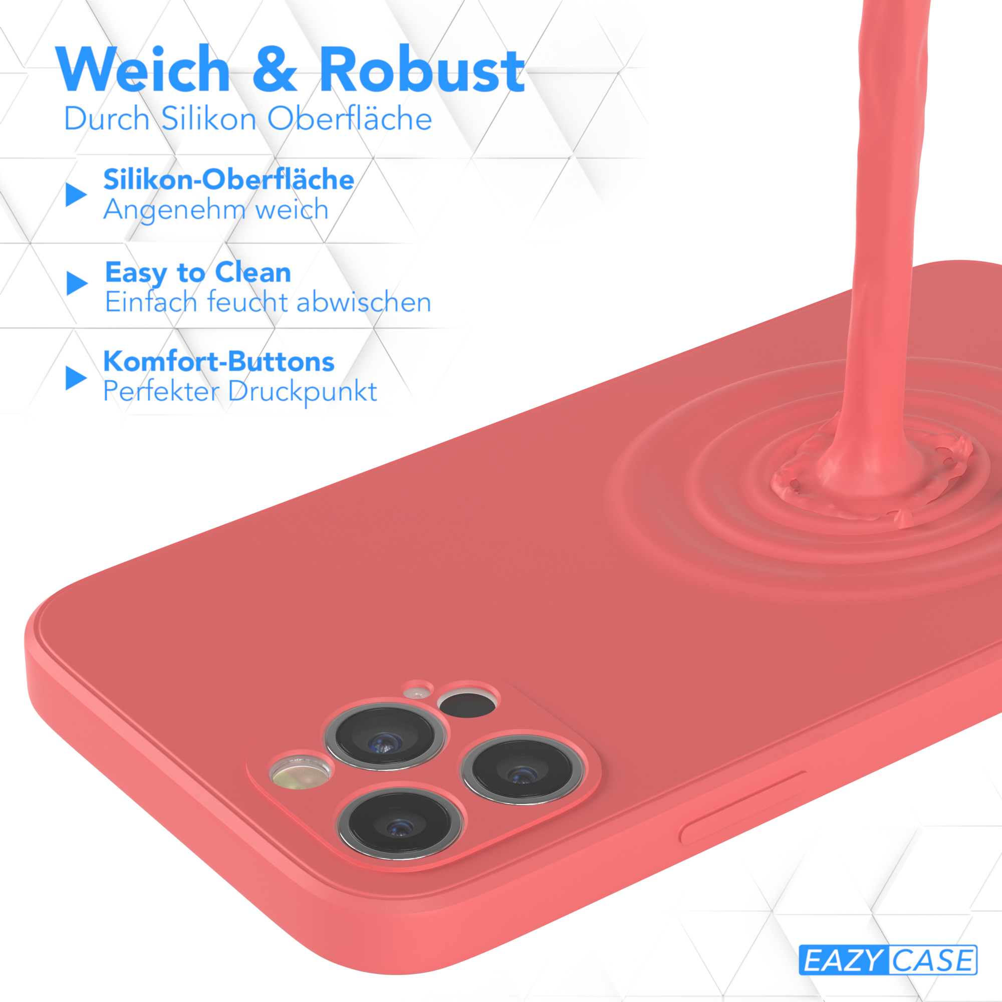 Eine rote Handyhülle mit einem Flüssigkeitsguss auf dem Telefon.