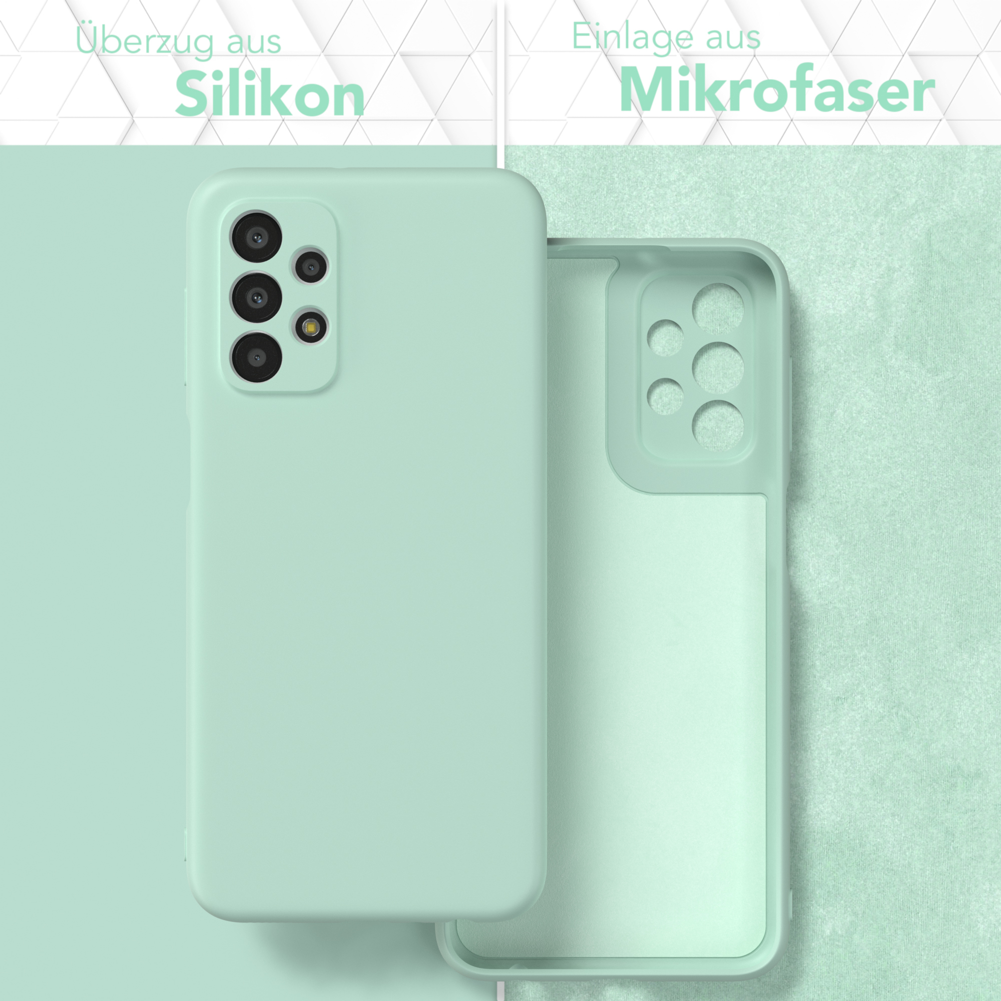 Zwei Telefone, eines mit Hülle. Eine mintgrüne Handyhülle mit Telefon. Text beschreibt die Hülle.