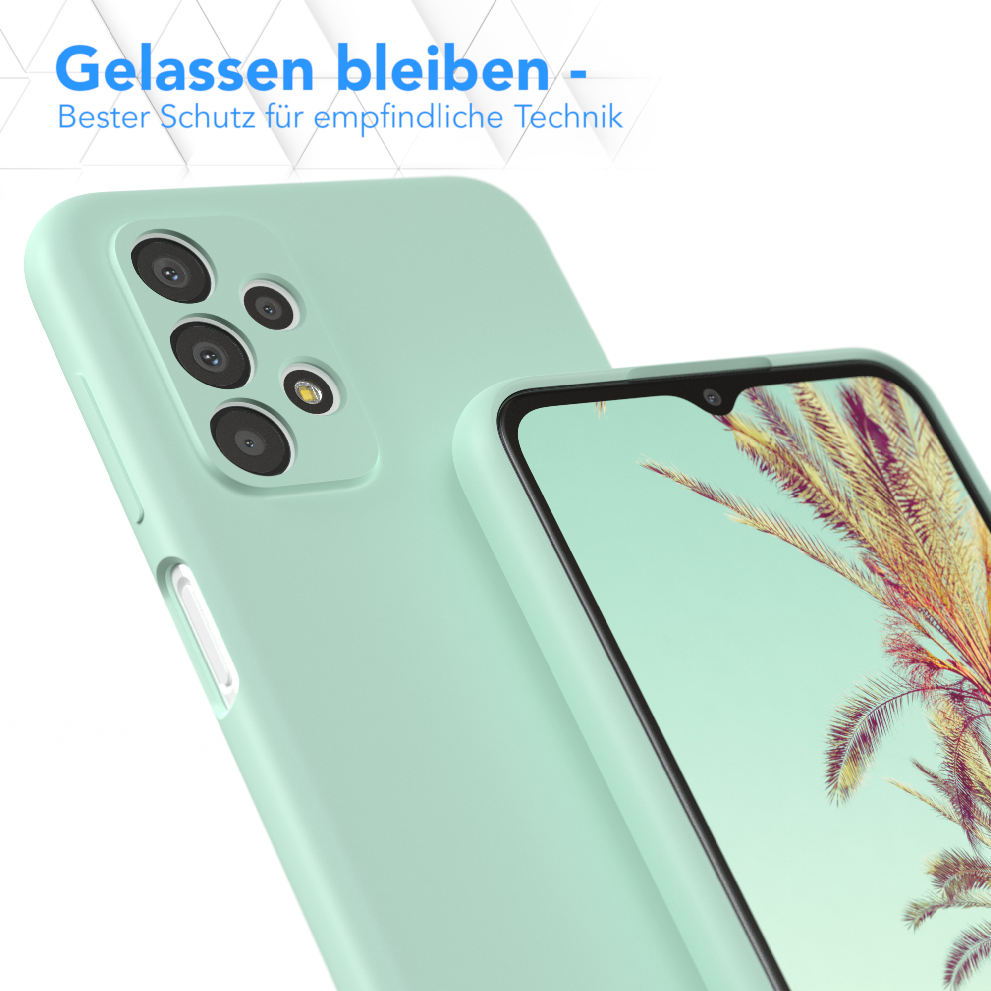 Grüne Handyhülle mit Kamera. Die Handyhülle liegt auf einer weiteren grünen Hülle. Text: Entspannt bleiben, bester Schutz.