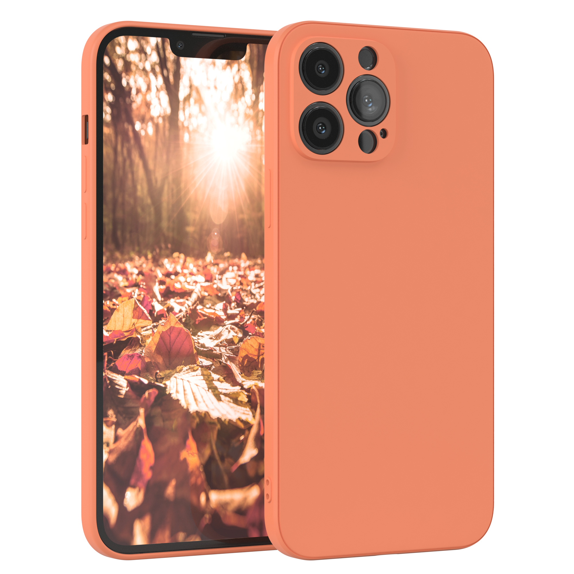 Orangefarbene Handyhülle auf dem Telefon, Waldbild auf dem Bildschirm.