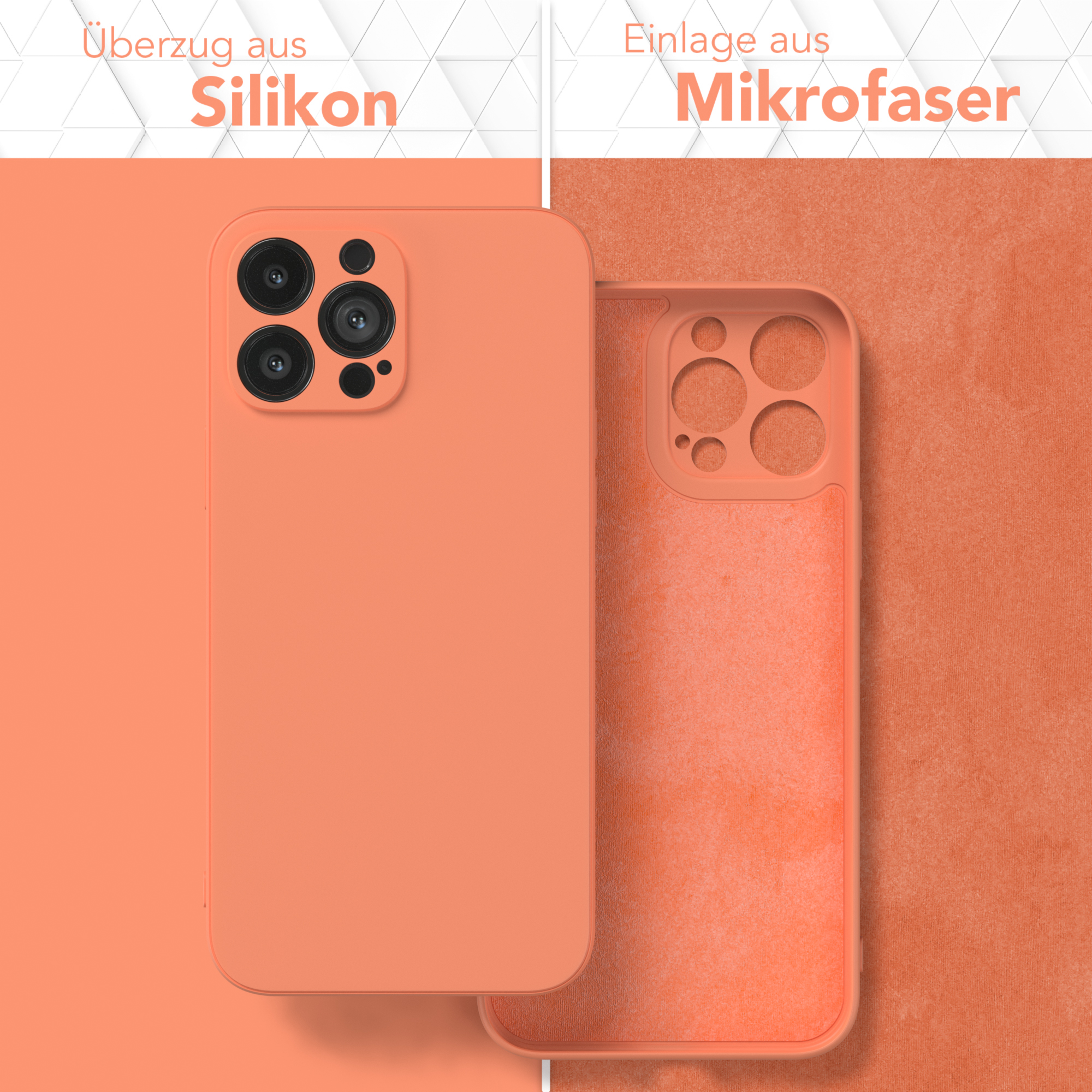 Zweiteilige Handyhülle, eine orange, eine klar. Silikon außen, Mikrofaser innen, oranger Hintergrund.