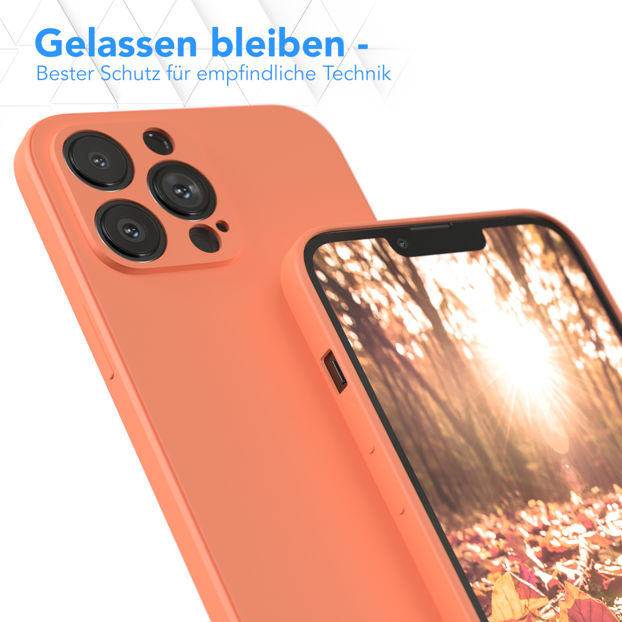 Nahaufnahme einer Handyhülle und eines Telefons in Orange. Der Hintergrund zeigt Blätter und Sonne.