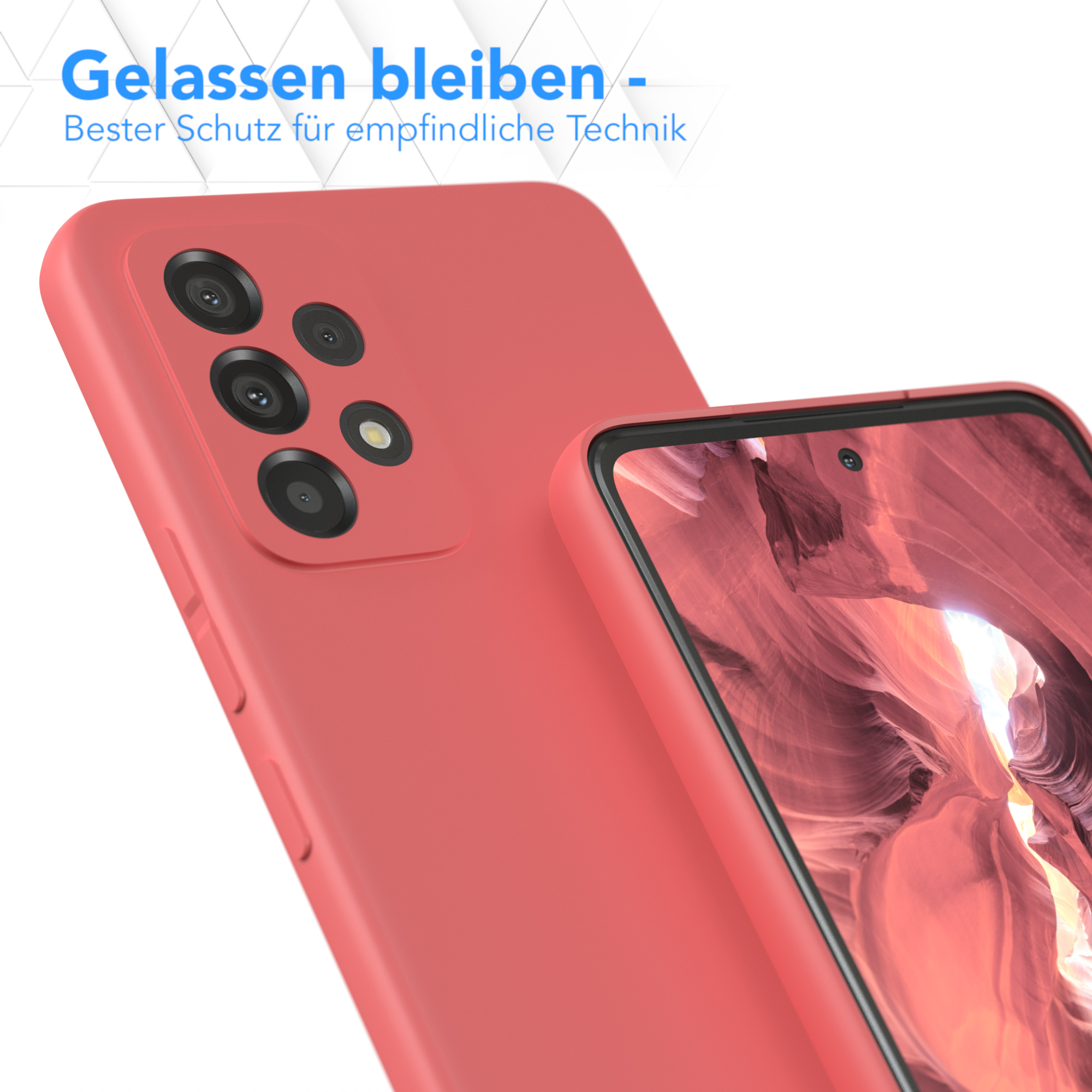 Zwei rote Handyhüllen. Text: Bleiben Sie ruhig, bester Schutz für empfindliche Technik.
