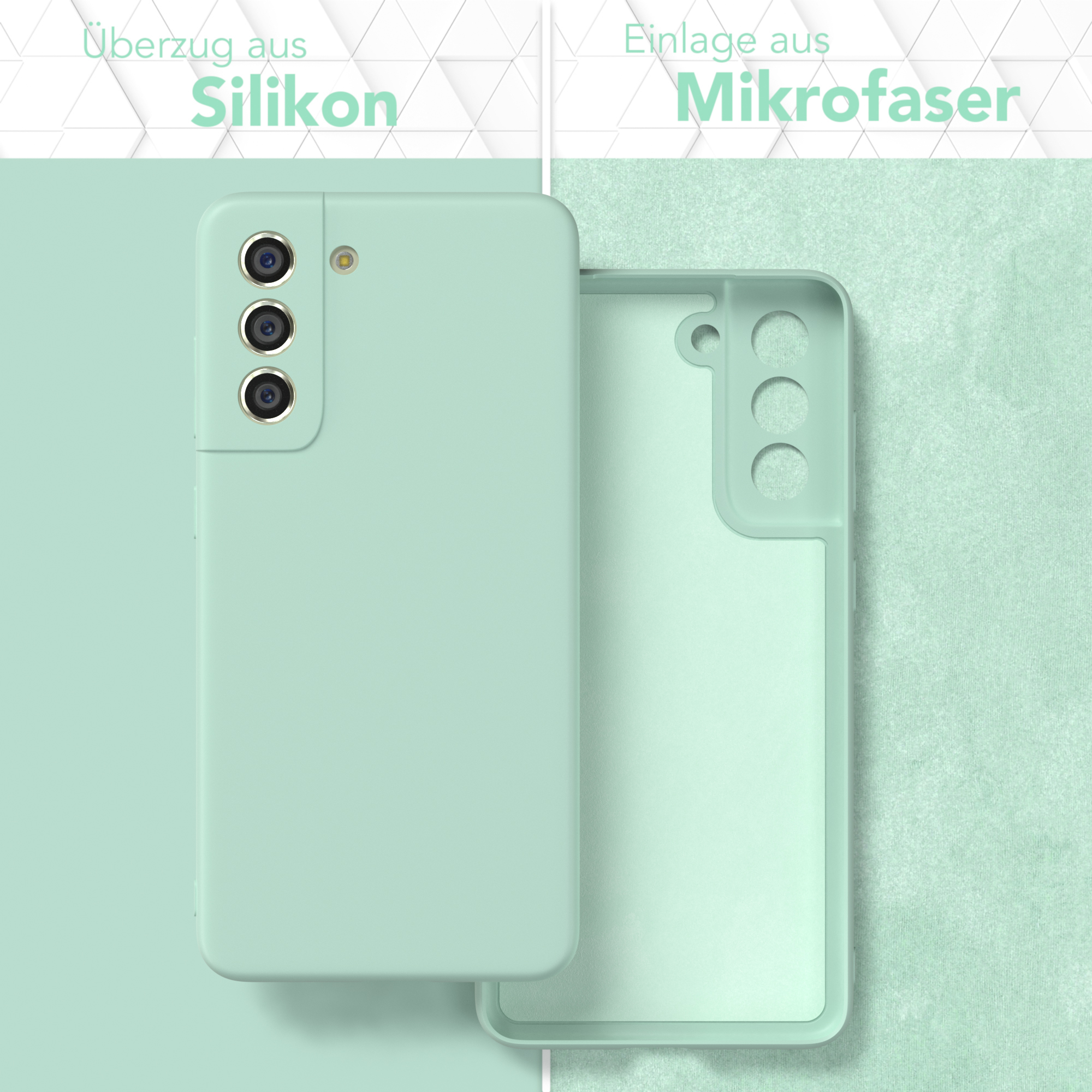 Minzgrüne Handyhülle und Telefon. Das Handy befindet sich in der Hülle, abgewinkelt. Text im Hintergrund.