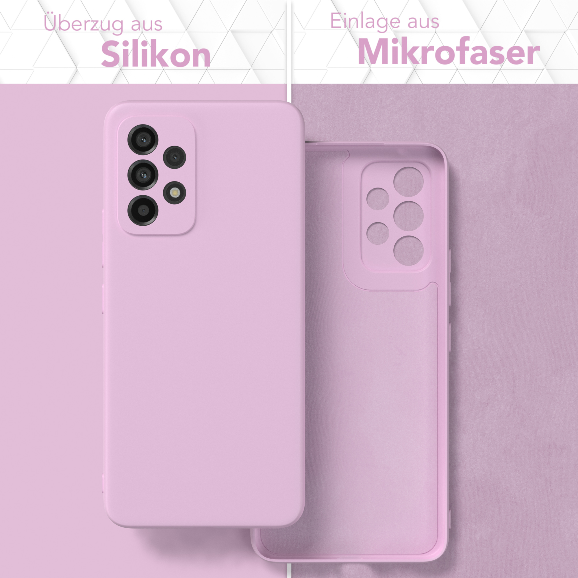 Eine Handyhülle, die das Silikon-Außenmaterial und das Mikrofaser-Innenmaterial in Lila zeigt.