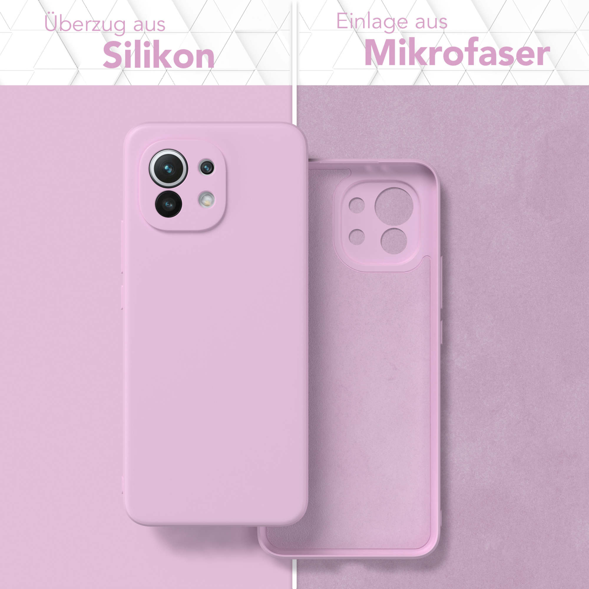 Rosa Handyhüllen-Teile: Silikonhülle und Mikrofaserfutter, die den Aufbau zeigen.