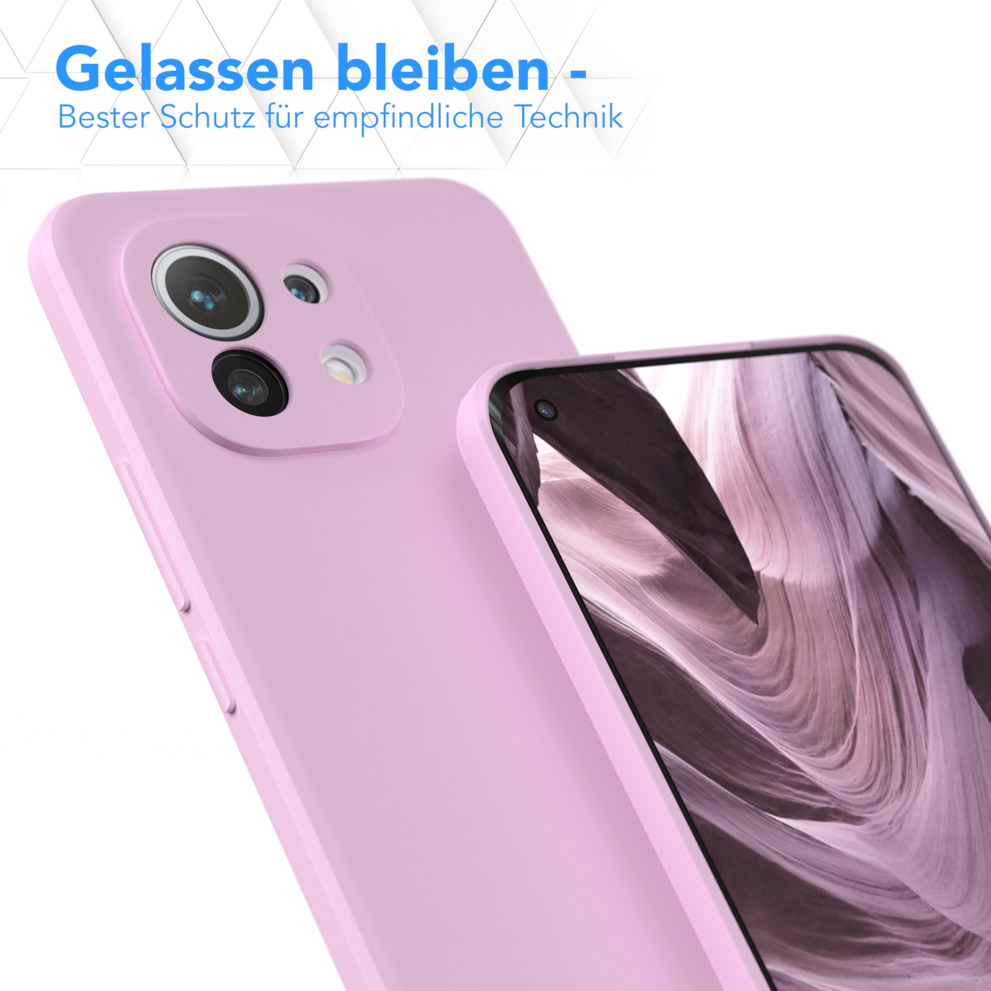Zwei rosa Handyhüllen. Eine zeigt Kameras, die andere den Bildschirm. Text sagt: 'Entspannt bleiben'.