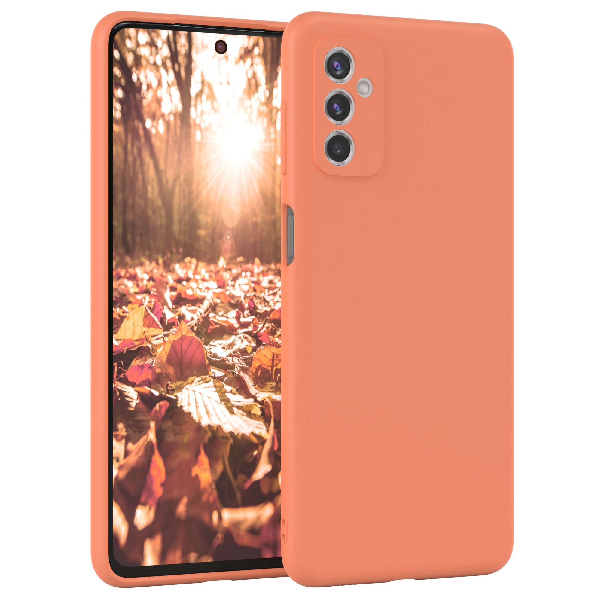 Ein Telefon in einer korallenfarbenen Hülle und ein Telefon mit Waldszene.