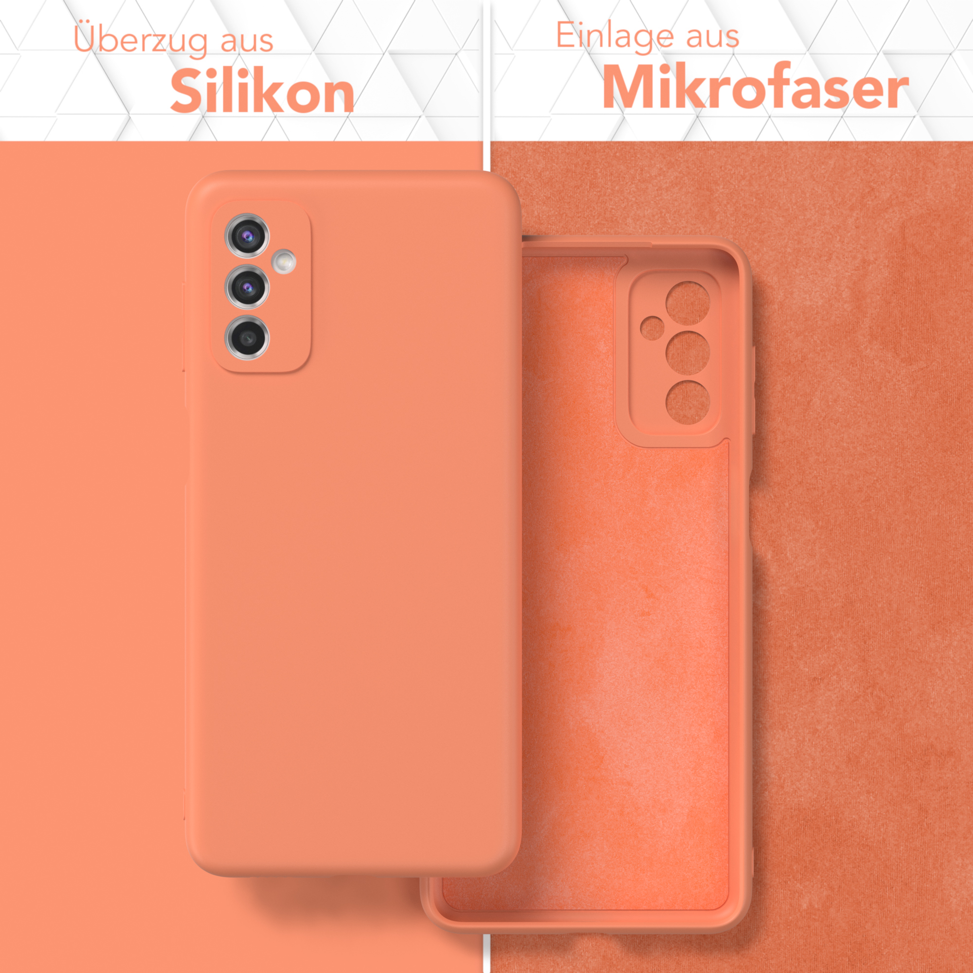 Orangefarbene Handyhülle mit Silikon außen und Mikrofaser innen. Zwei Hälften getrennt.